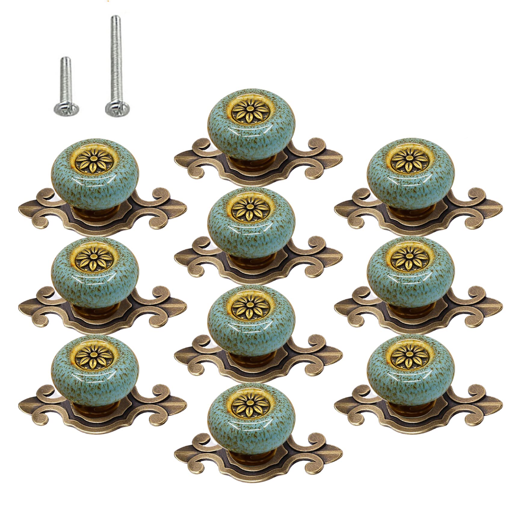 HUAMULAN Confezione da 10 pomelli in ceramica retrò, per credenze vintage da cucina, petalo, in lega di zinco rustica piastra posteriore per credenze, armadi, cassetti, maniglie per porte