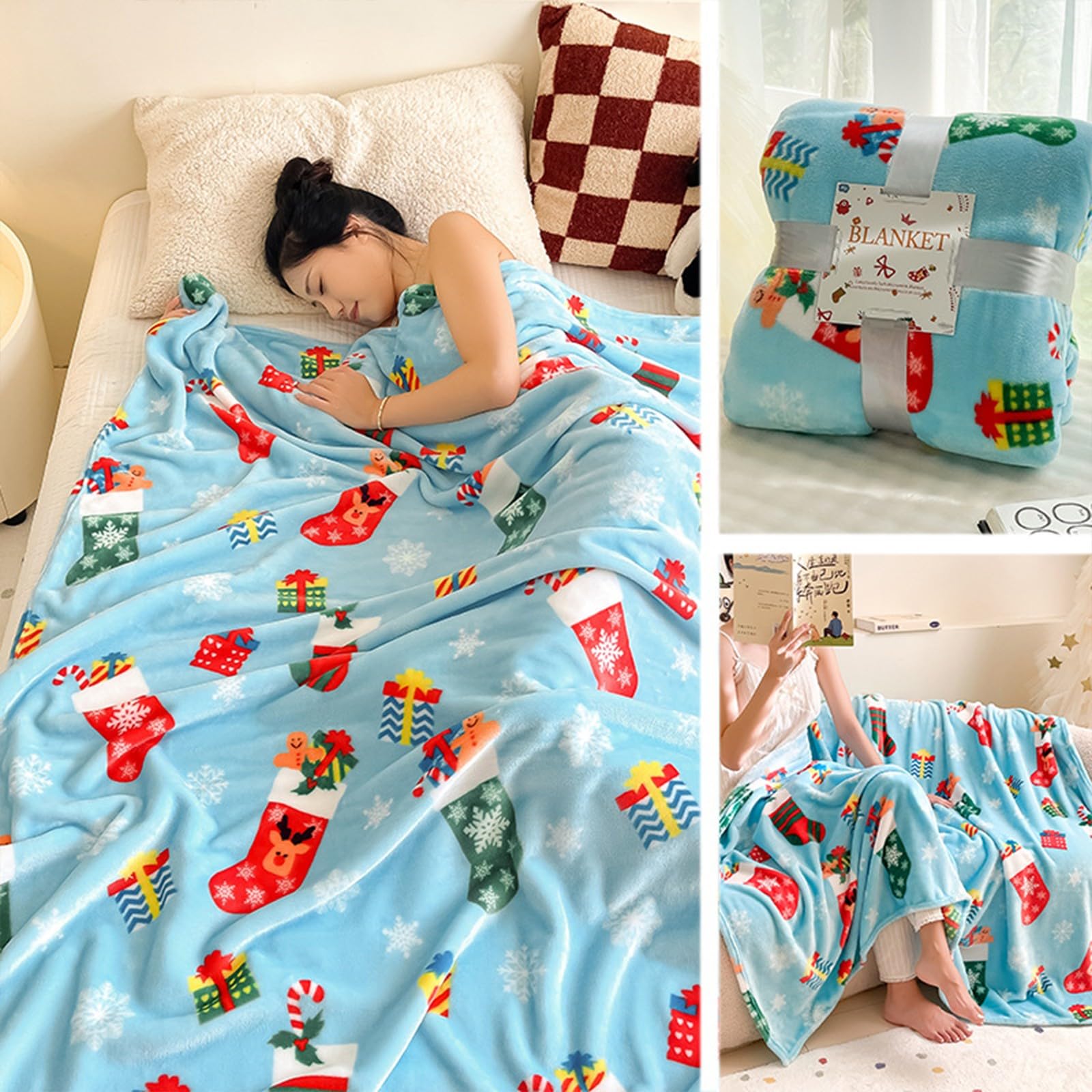 Manta navideña roja, Manta navideña Ultra Suave, acogedora, Decorativa, cálida y de Invierno para sofá, Cama y decoración(Socks, 71"x79")
