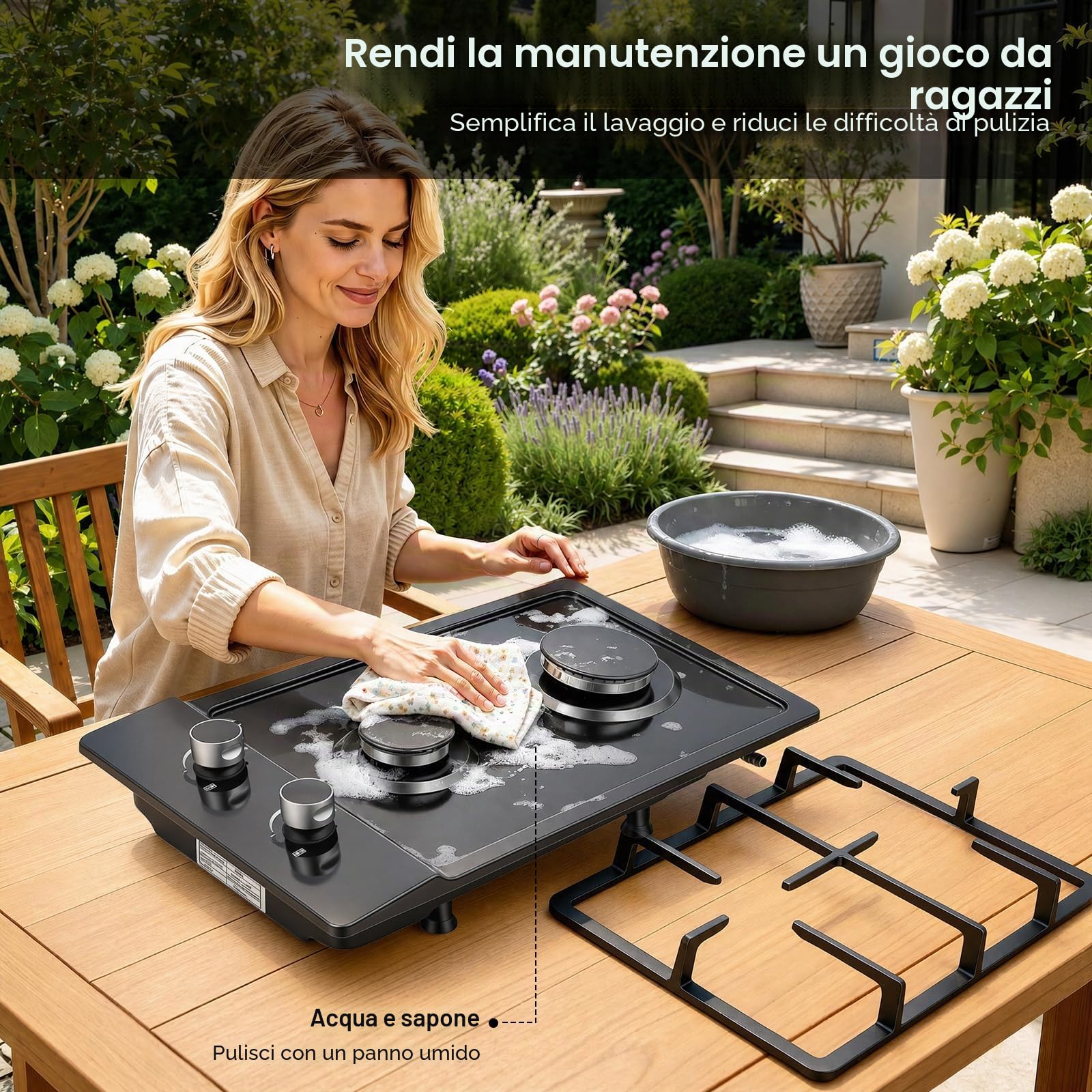 Piano cottura a gas a 2 fuochi e piccolo fornello a gas da campeggio, in acciaio inox, portatile, con riduttore di pressione e tubo del gas, piano cottura a gas per gas liquido/naturale (nero)