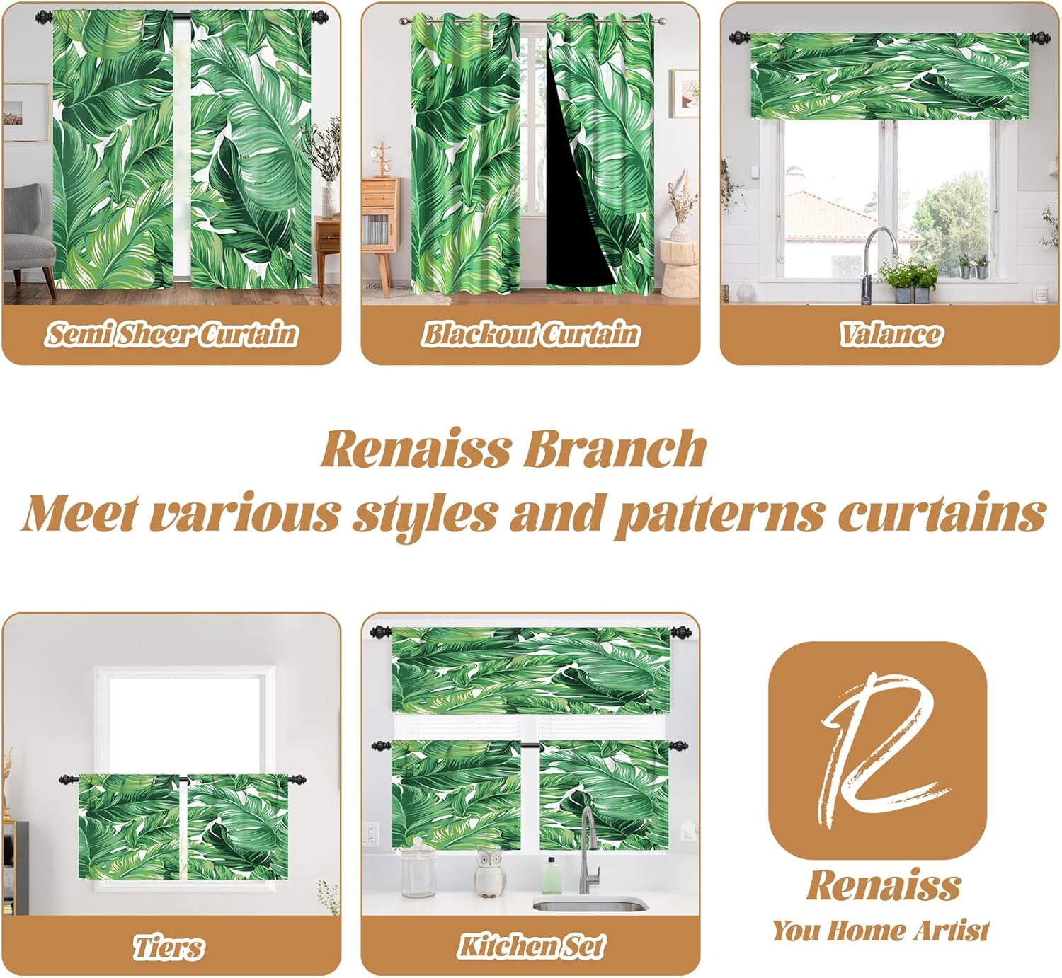 Renaiss 26 x 36 Inch Tropical Banana Leaves Tiers Curtains Green Leaf Decorative Curtains for Bathroom Kitchen Rod Pocket Window Treatment Light Filter Topper Window Curtains Linen Texture 2 Panels