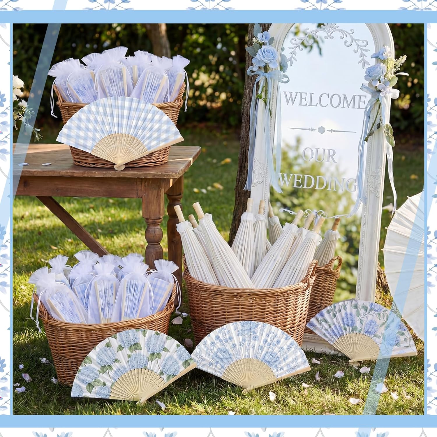 Barydat 50 Pcs Blue Hydrangeas Hand Fan with Gift Bags Decorative Bamboo Folding Fans Bulk Thanks for Coming for Wedding Party Favors Bridal Shower Decorations (Blue Hydrangeas)