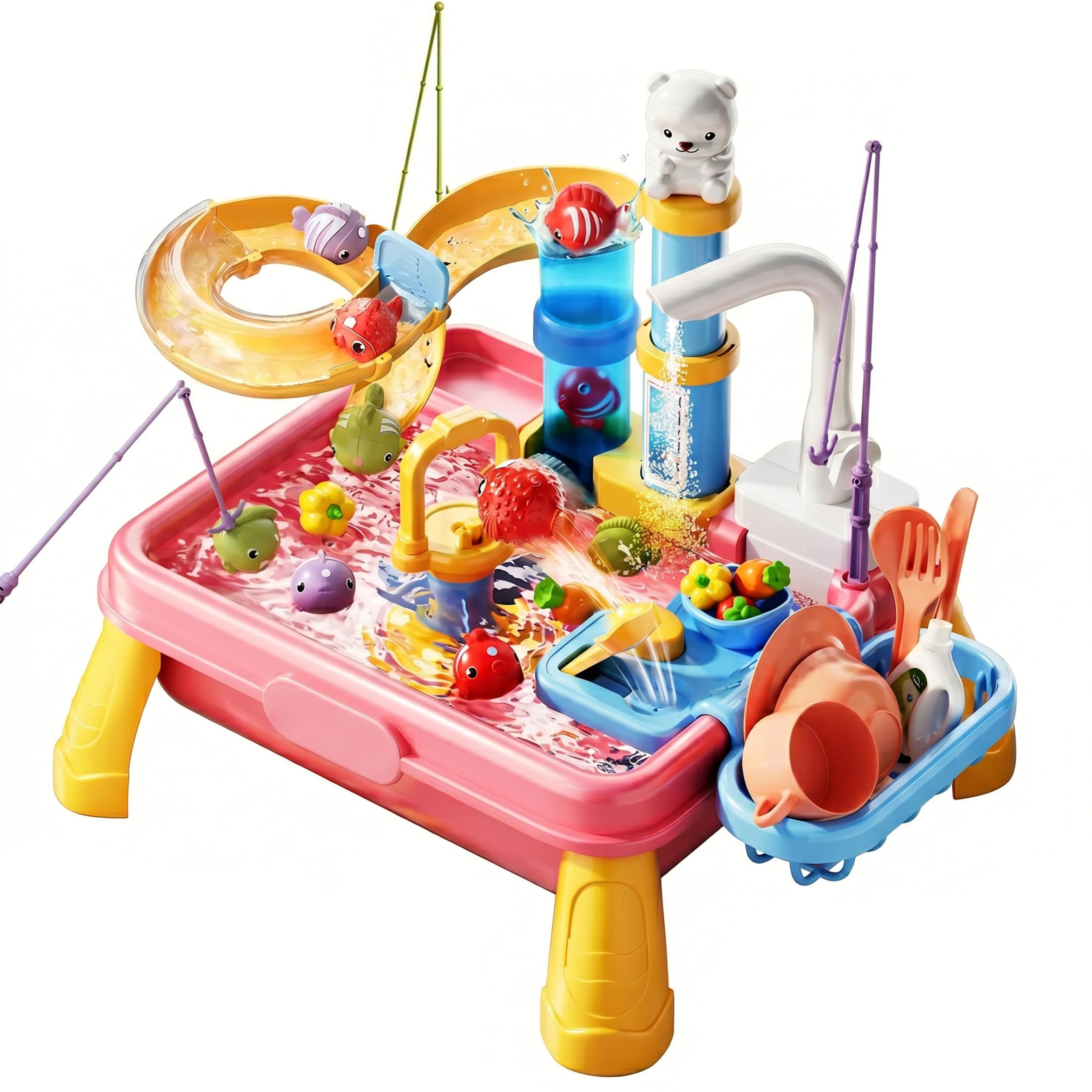 Lavandino Giocattolo con Acqua Corrente Tavolo da Gioco Acquatico 7 in 1 per Bambini con Giocattolo da Pesca Cucina realistica per Giochi di Ruolo circolazione Automatica per Bambini Style1