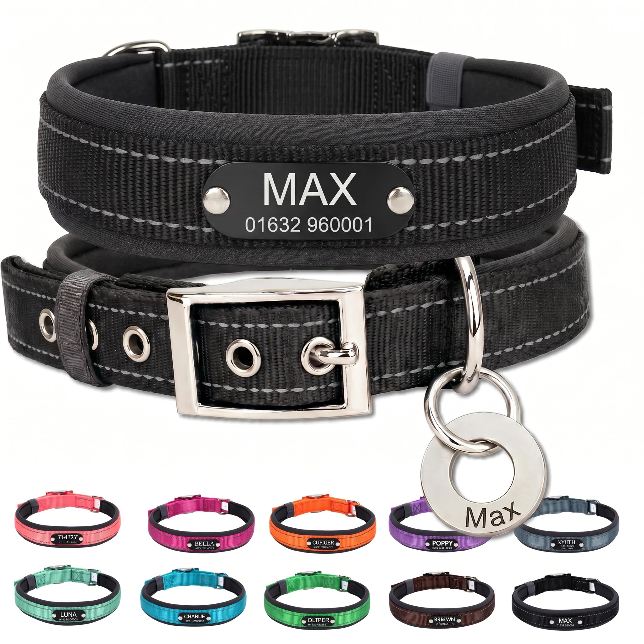 Personalised Nylon Dog Collar with Deep Engraved Name Plate - Reflective Collar UK Dispatched with Custom ID Tag Padded Anti-Chafe Design Name & Phone Number Durable Pet Collar for All Breeds — image 1