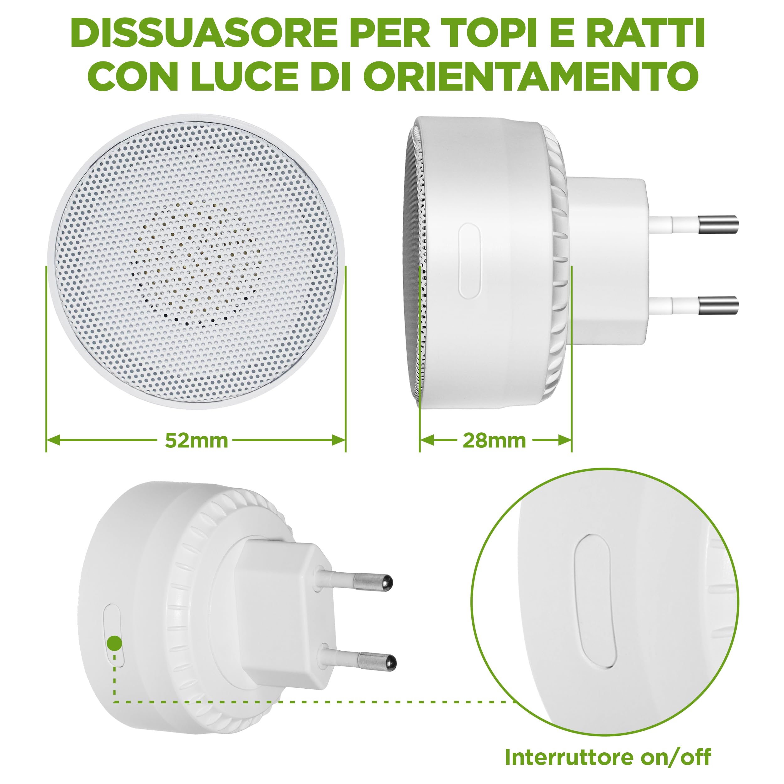 ISOTRONIC Dissuasore a ultrasuoni per topi e ratti, repellente per parassiti per interni, con luce di orientamento, spaventapassi senza veleno e trappola per topi, campo d'azione di 30 m² (1 pezzo)