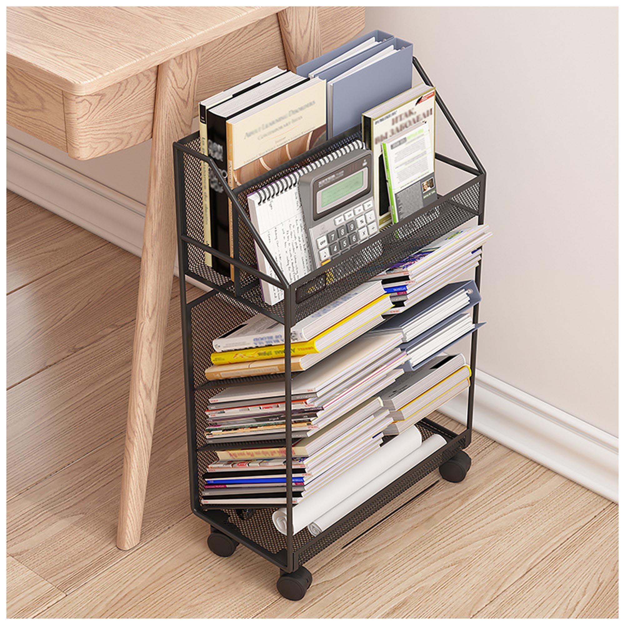 TUOYIBO Movable Bookcase with Wheels, 5-Layer Open Metal Multfunctional Bookshelf for, Students Study in Bedroom, Living Room, Home, School