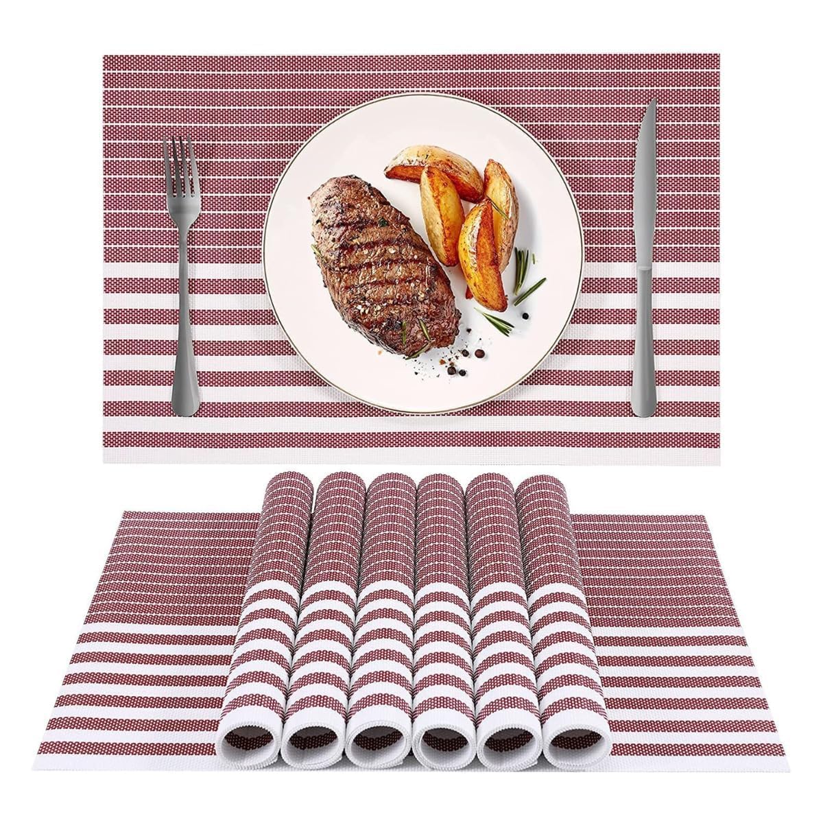 Dining Table Placemats Set of 12, PVC Woven Table Mats, Washable Heat Resistant Waterproof Non Slip Placemats, Table Protector Mat for Kitchen Dining Table, Home, Restaurant & Hotel (Red line)-image-42