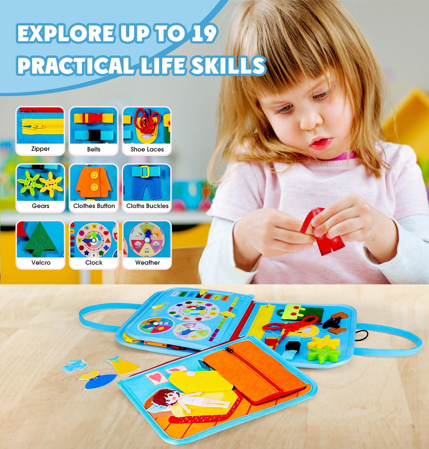 Guolely Busy Board Montessori Toys, Preschool Learning Activities Educational Toy - Busy Book Travel Sensory Toy for 1-6 Year Old Toddlers,Boys & Girls & Autistic (Sky-Blue Dinosaurs)