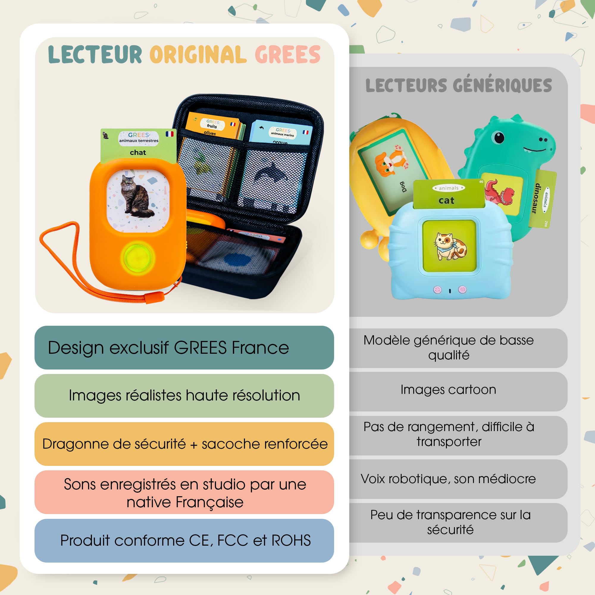 GREES Jouet Éducatif Montessori – Lecteur de Cartes Parlantes Français 258 Mots + Sacoche de Rangement | Jeu sans Écran Enfant 2-6 Ans | Flashcards Lettres Chiffres Animaux | Cadeau Fille Garçon