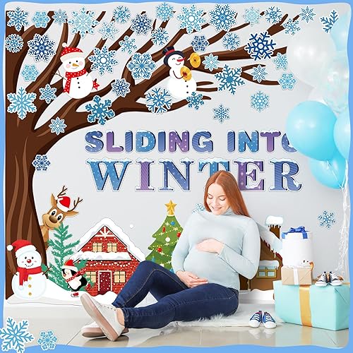 Miniatura 6 de BBTO Juego de tablón de anuncios de árbol de invierno para el aula, decoración de tablón de anuncios de invierno, recortes de árbol de Navidad,