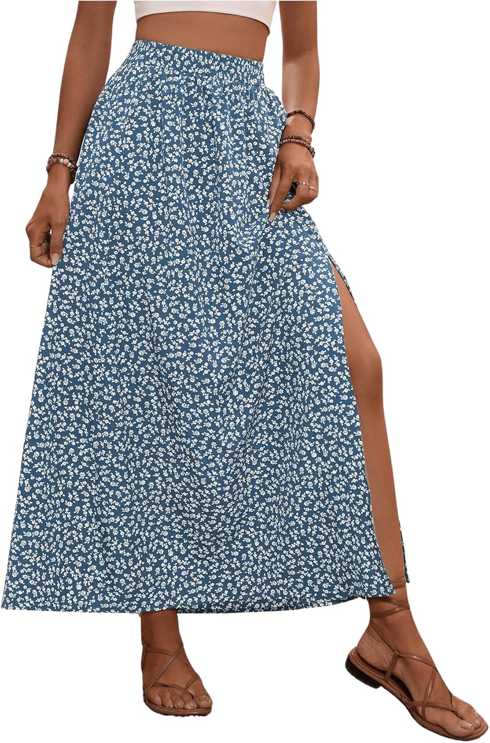 GORGLITTER Lange damesrok met bloemen en split - A-lijn bloemenrok gebloemd met hoge taille, zwart, L