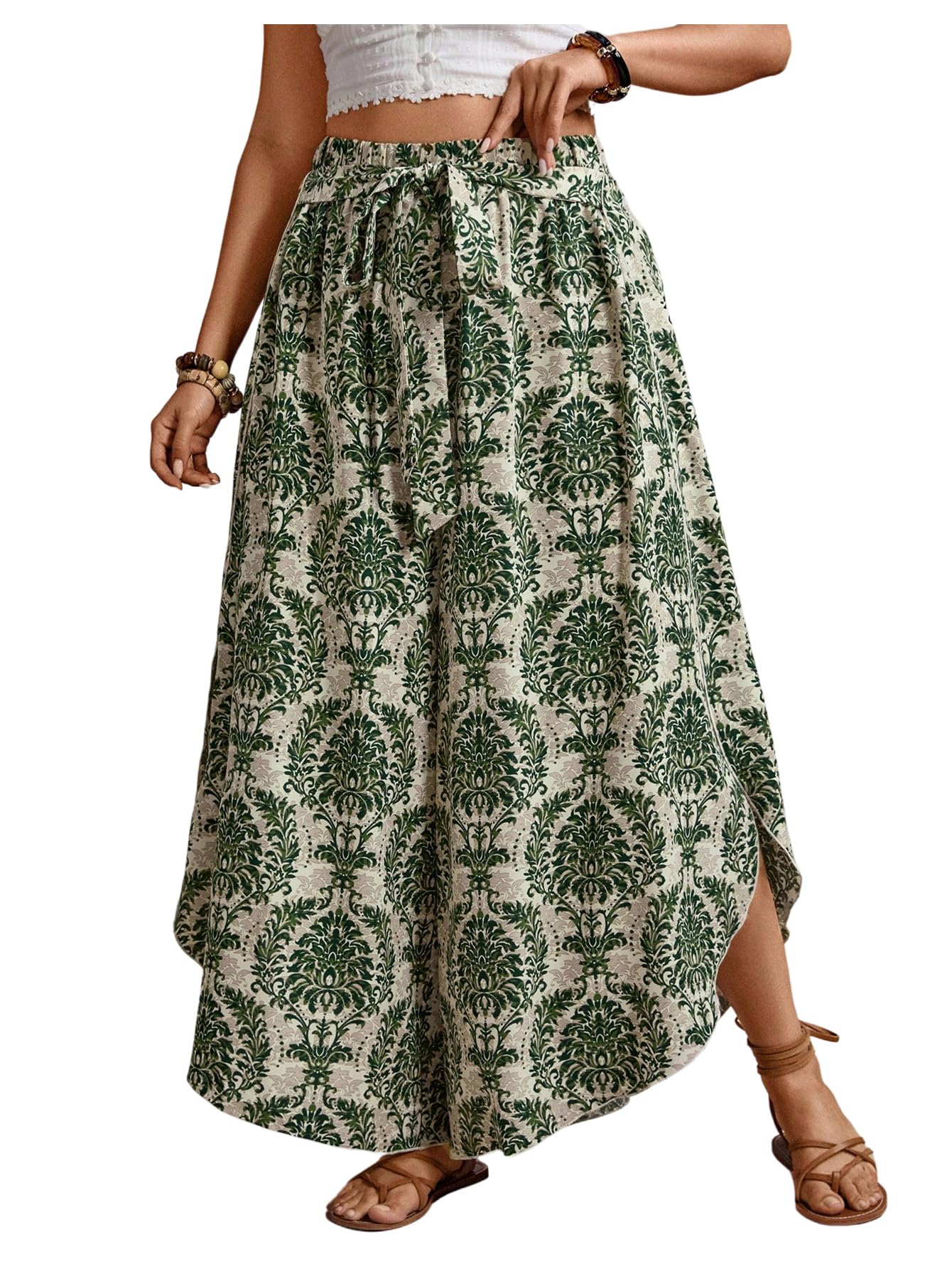 SweatyRocks Womens Plus Size Boho Split Palazzo Pants Tie Front Elastic Waist Wide Leg Beach Pants