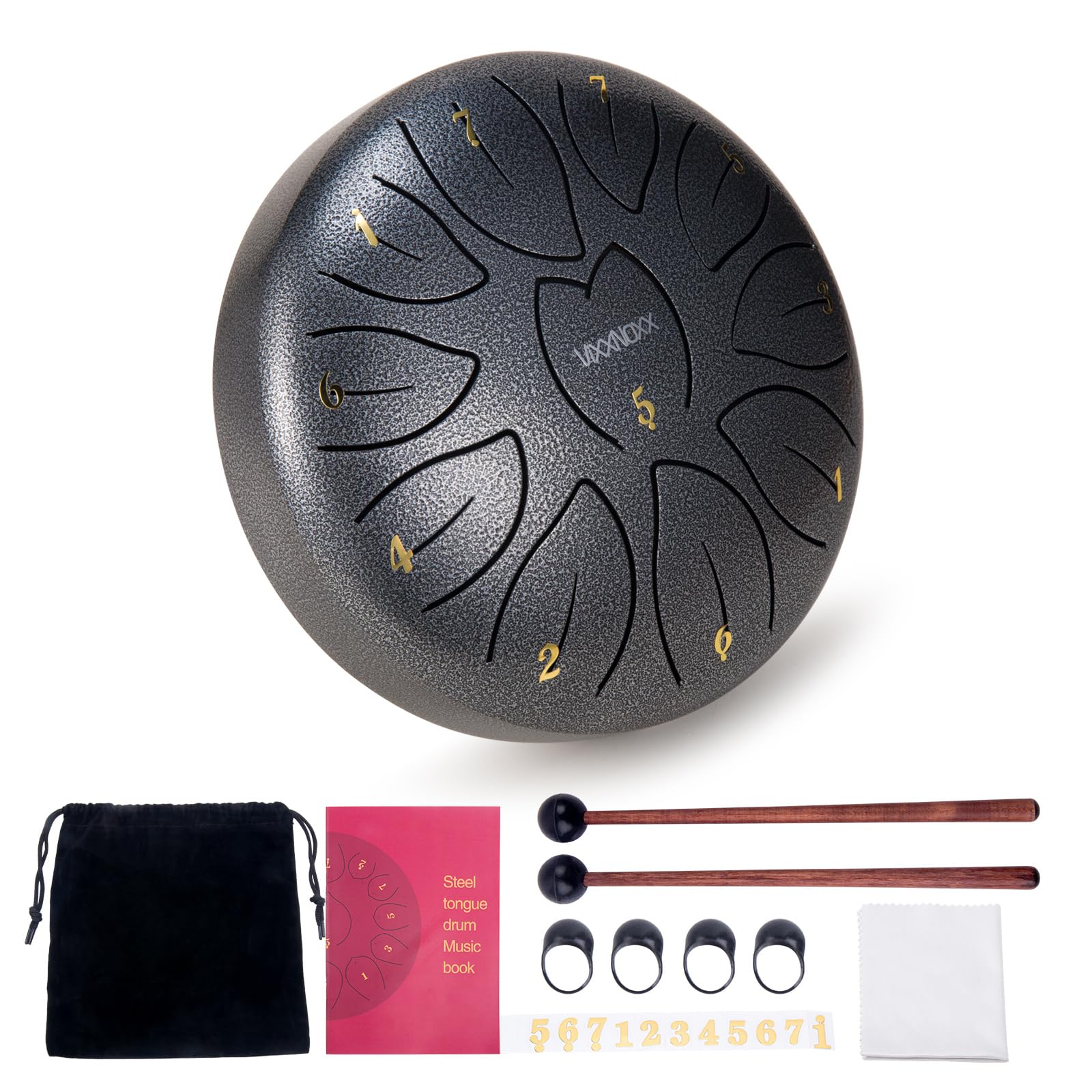 VixxNoxx Steel Tongue Drum, 6 Inches 11 Notes Rain Drum for Outside Garden, Chakra Tank Drum Rain Chime, Handpan C Key Musical Percussion Instrument Kit with Bag Mallets (Silver Grey)