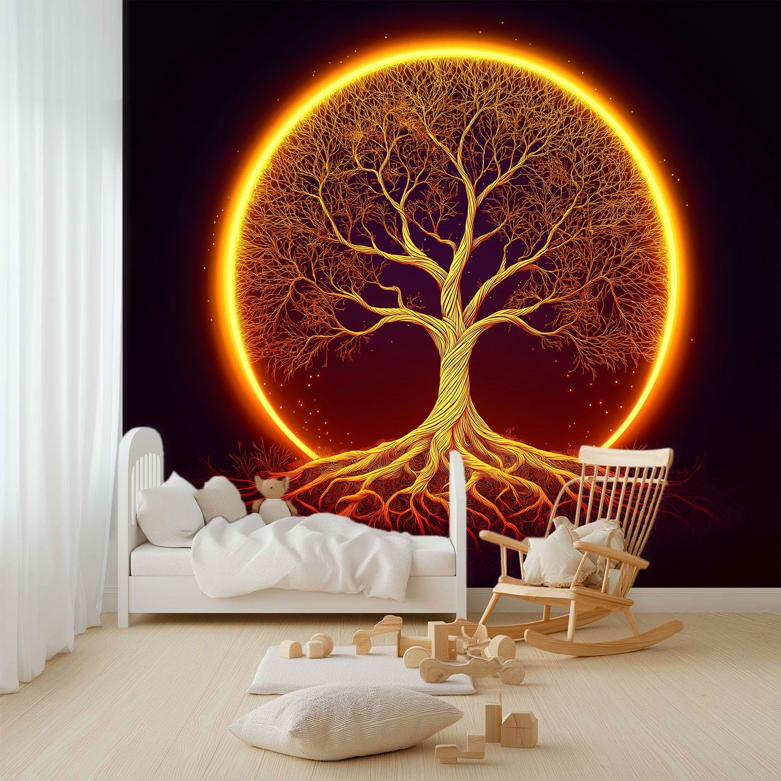 Fantasie Leuchtender Lebensbaum Fototapete 3D Effekt 250 x 175 cm (B x H) Vlies Tapete mit Geruchsfreiheit Wandposter Wandkunst, Schwarz Wandbild Wanddeko für Wohnzimmer Schlafzimmer