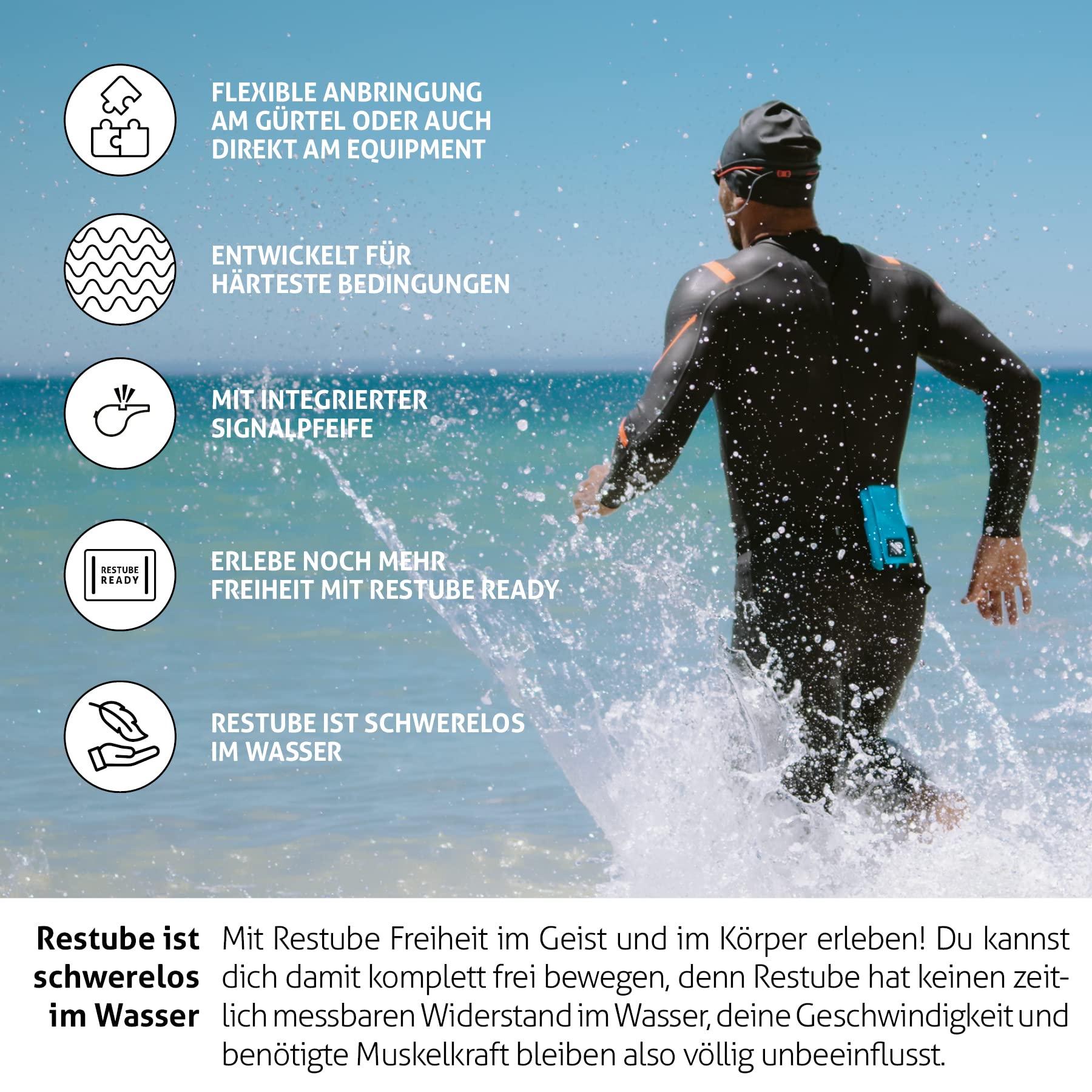 Restube Active Schwimmboje für Erwachsene und Kinder - Rettungsboje für Schwimmer in offenen Gewässern - Schwimmboje Aufblasbar mit Trillerpfeife