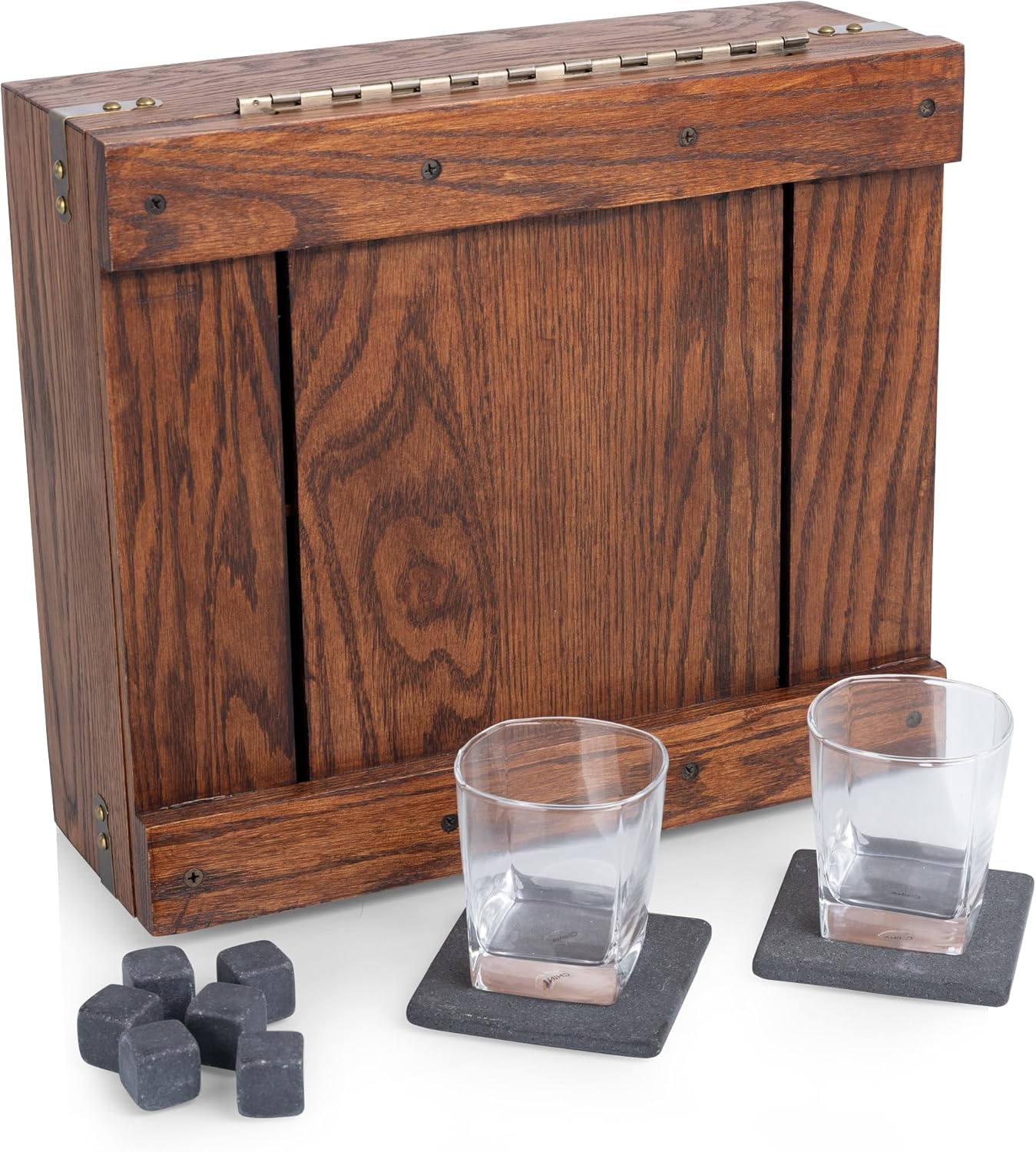PICNIC TIME Whiskey Box Gift Set, Whiskey Glasses Drinking Set of 2 with Stones, Portable Mini Bar, Components Securely Displayed with Oak Chest, (Oak Wood)