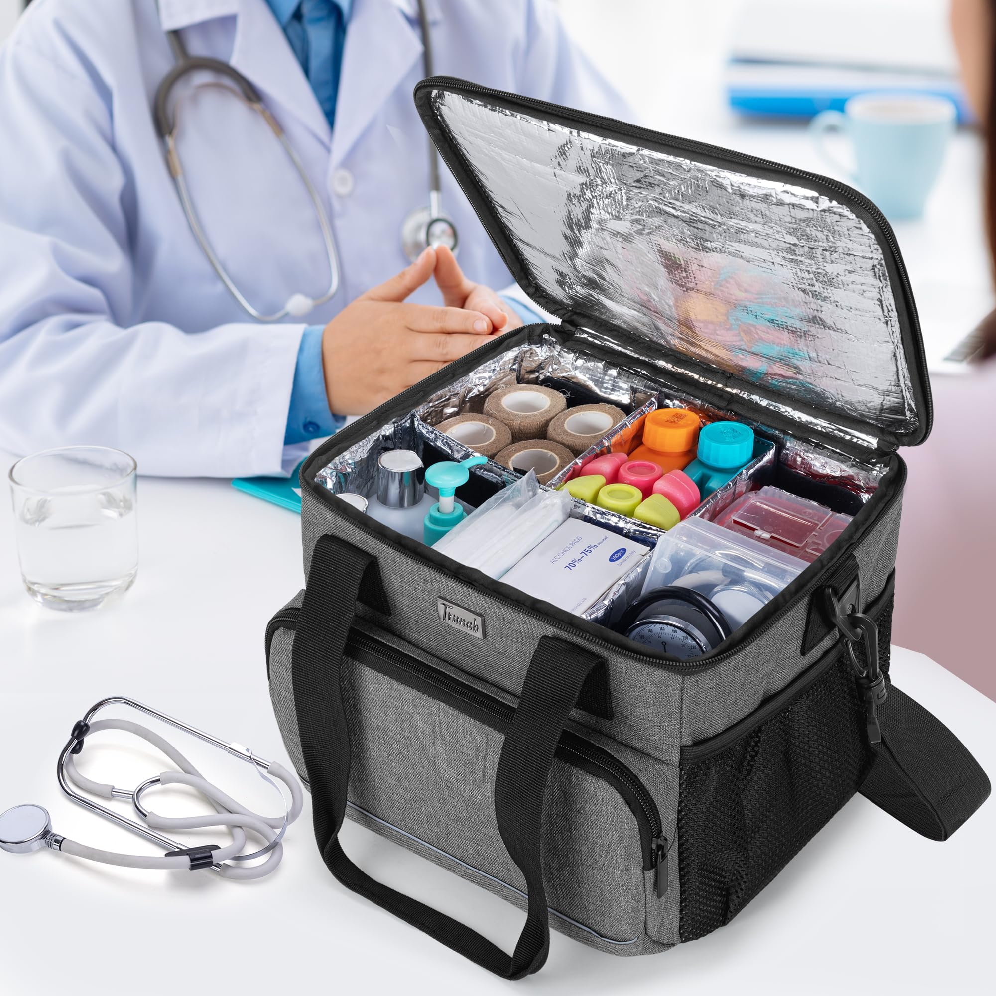 Trunab Borsa Medica Isolata con 5 Divisori Regolabili, Borsone per Insulina Resistente all'Acqua per Casa, Viaggio, Campeggio, Custodia Vuota - Design Brevettato, Grigio
