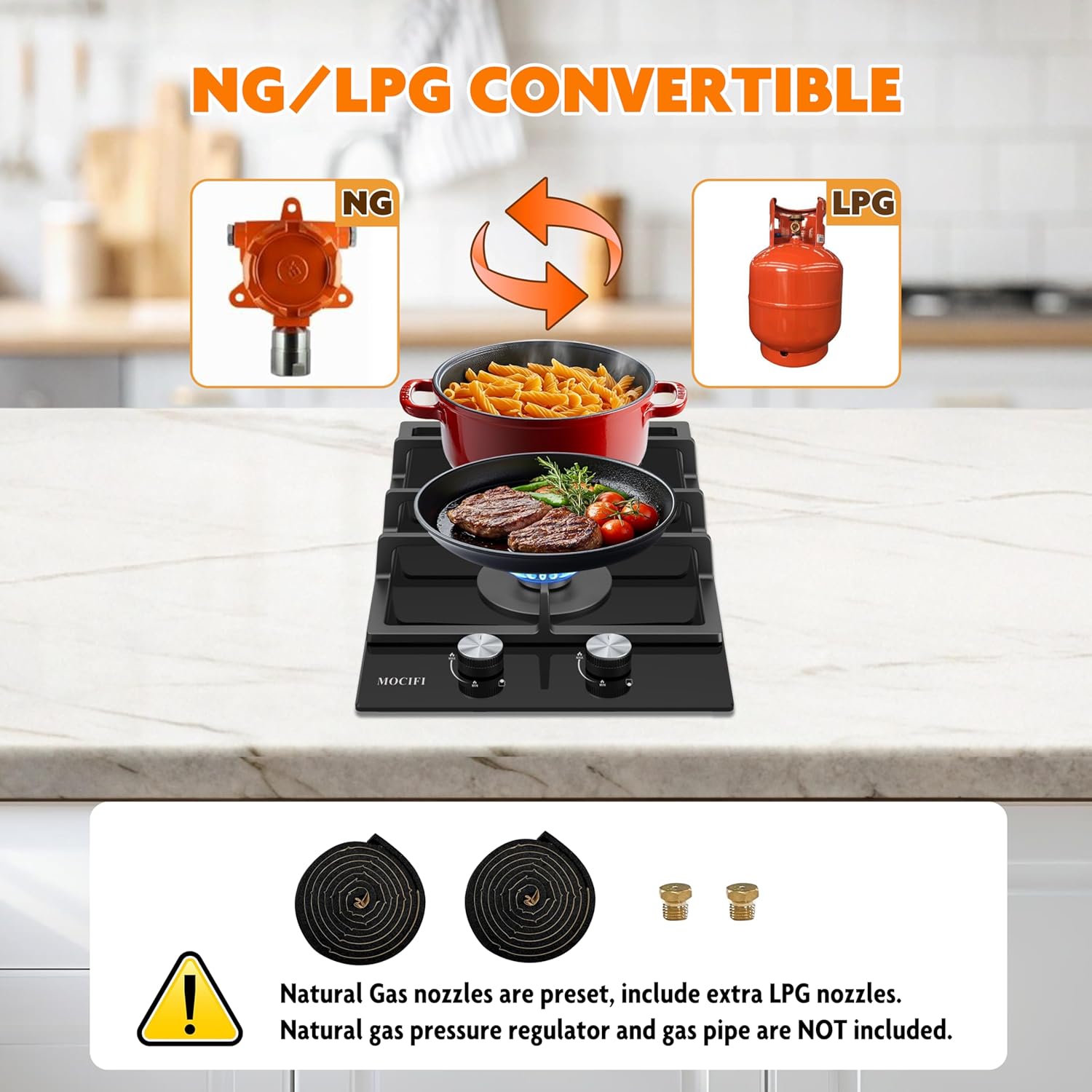 2 Burner Gas Cooktop, 12 Inch Built-in Propane/LPG/NG Dual Fuel Stove, Black Tempered Glass Hob with Thermocouple Protection & Adjustable Flame, for Apartment, Kitchen, RV