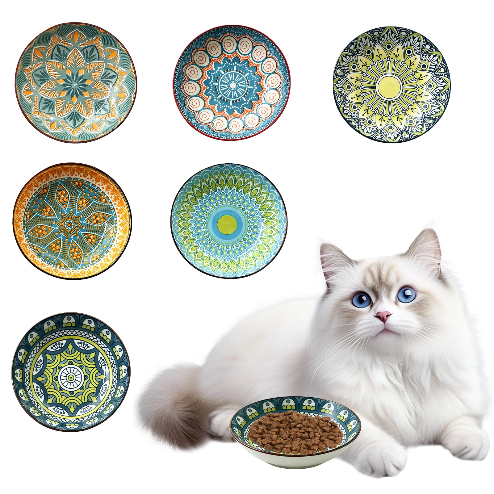 6 Pieces Ceramic Cat Bowls, Cat Food Bowls, 5.5'' Wide Colorful Boho Style Shallow Dishes, for Indoor Cats, Kitten, Puppies and Small Dogs, Food & Water, Dishwasher Safe