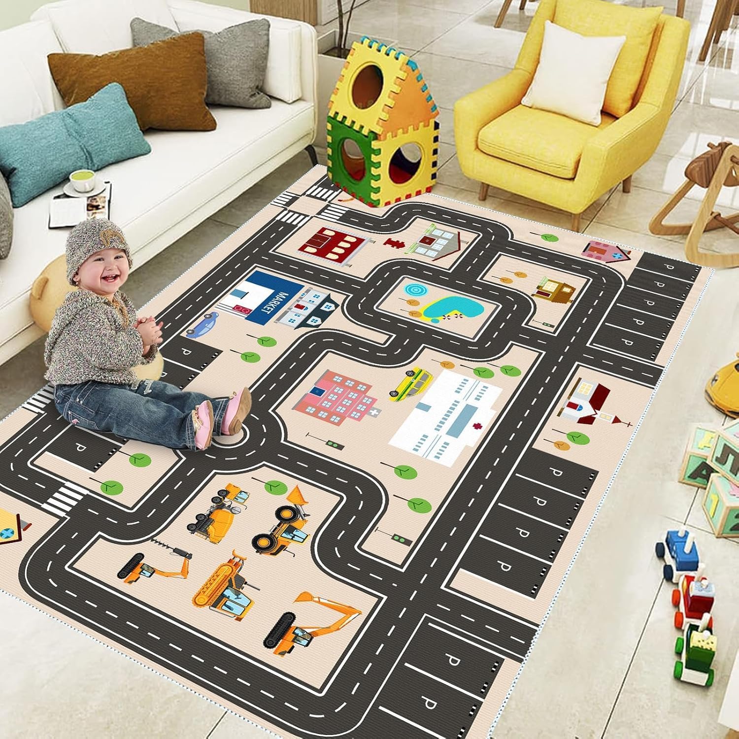 Kids Car Rug Playmat with Non-Slip Rubber Backing，Car City Life Road Carpet，Child Car Traffic Rugs ，Train Track Play Mat (120×180cm/48x72in)