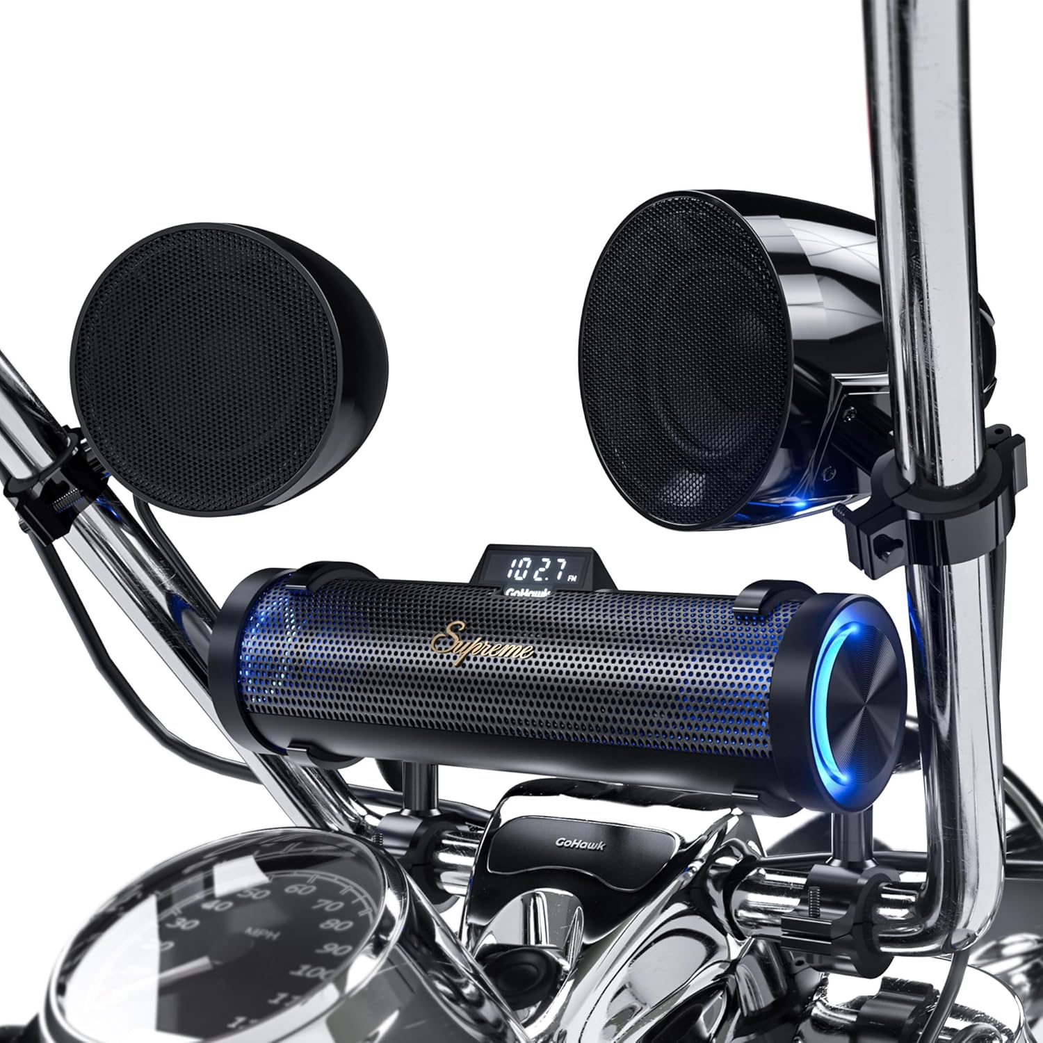 GoHawk Bluetooth Motorcycle Speakers | 8-Speaker Waterproof Stereo System w/ 4.25" External Speakers | Built-in Amplifier Aluminum Sound bar, FM Radio, USB, LED | Great for Harley, ATV