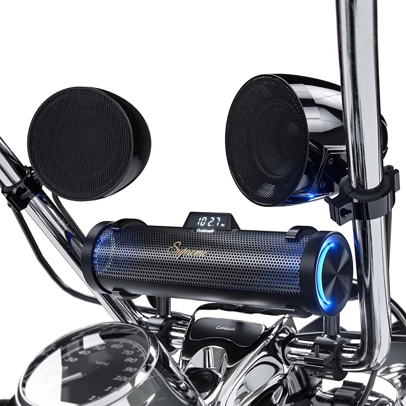 Bluetooth Motorcycle Speakers Waterproof 8-Speaker Motorcycle Radio | 600W Aluminum Sound Bar, 4.25 Inch External Speakers, LED light, FM Radio/USB/AUX, Remote Control, Perfect for Harley ATV