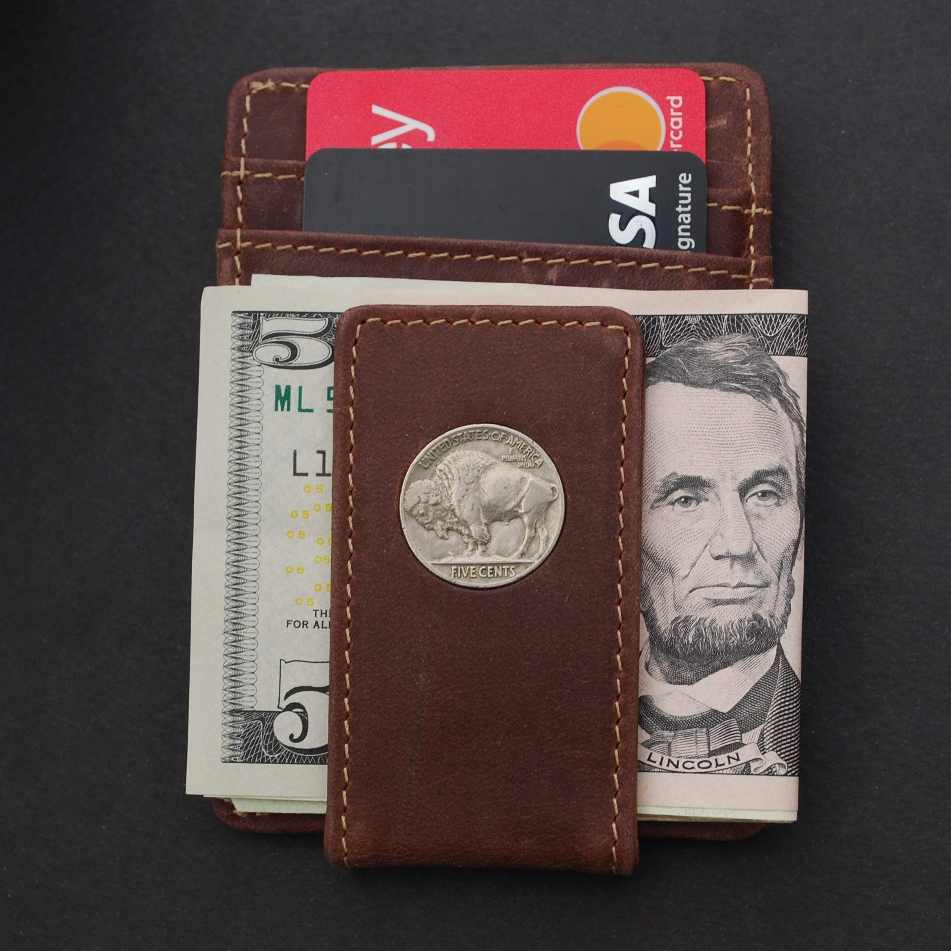 US 1913~1938 Indian Head Buffalo Nickel 5 Cent Coin Magnetic Money Clip and Wallet Combo New - Crazy Horse Water Buffalo Leather