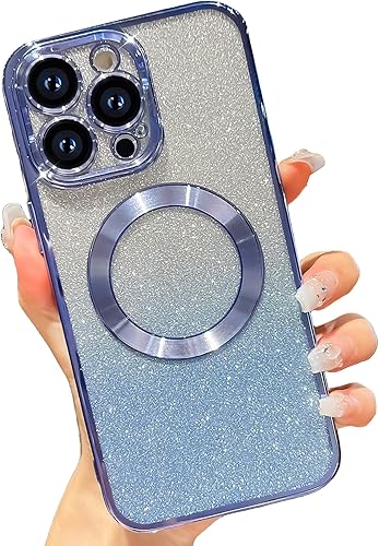 Funda magnética con purpurina para iPhone 15 Pro Max, compatible con MagSafe, protección completa de la lente de la cámara, chapado de lujo, bonita
