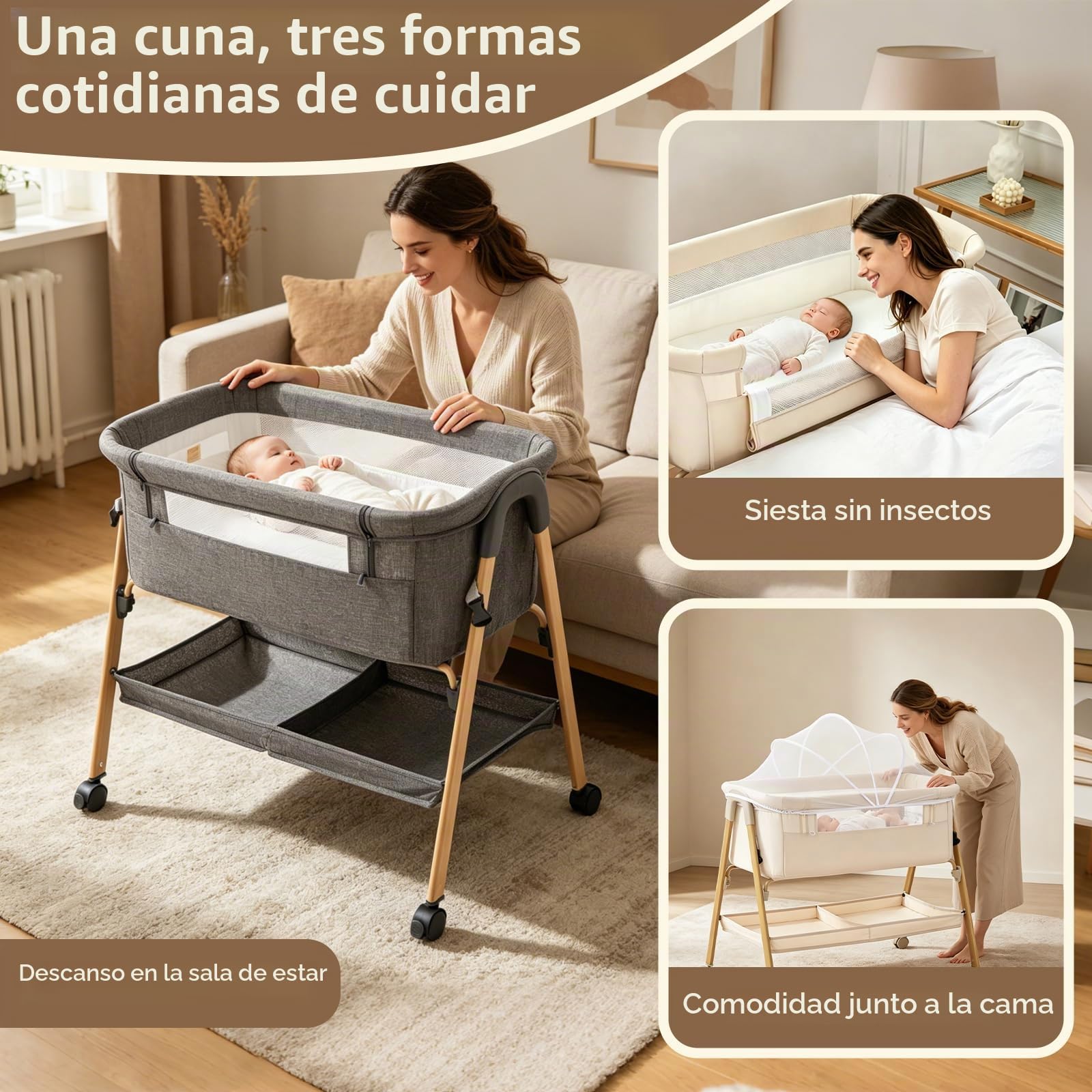 Zkiprm Cuna Colecho Bebé, Cama Colecho Bebé Plegable de Fácil Montaje, Cuna con mosquitero, 4 Ruedas Bloqueables, Bolsa de Viaje y Cesta de Almacenamiento | Máximo : 9 kg | 0 a 6 Meses（Beige）