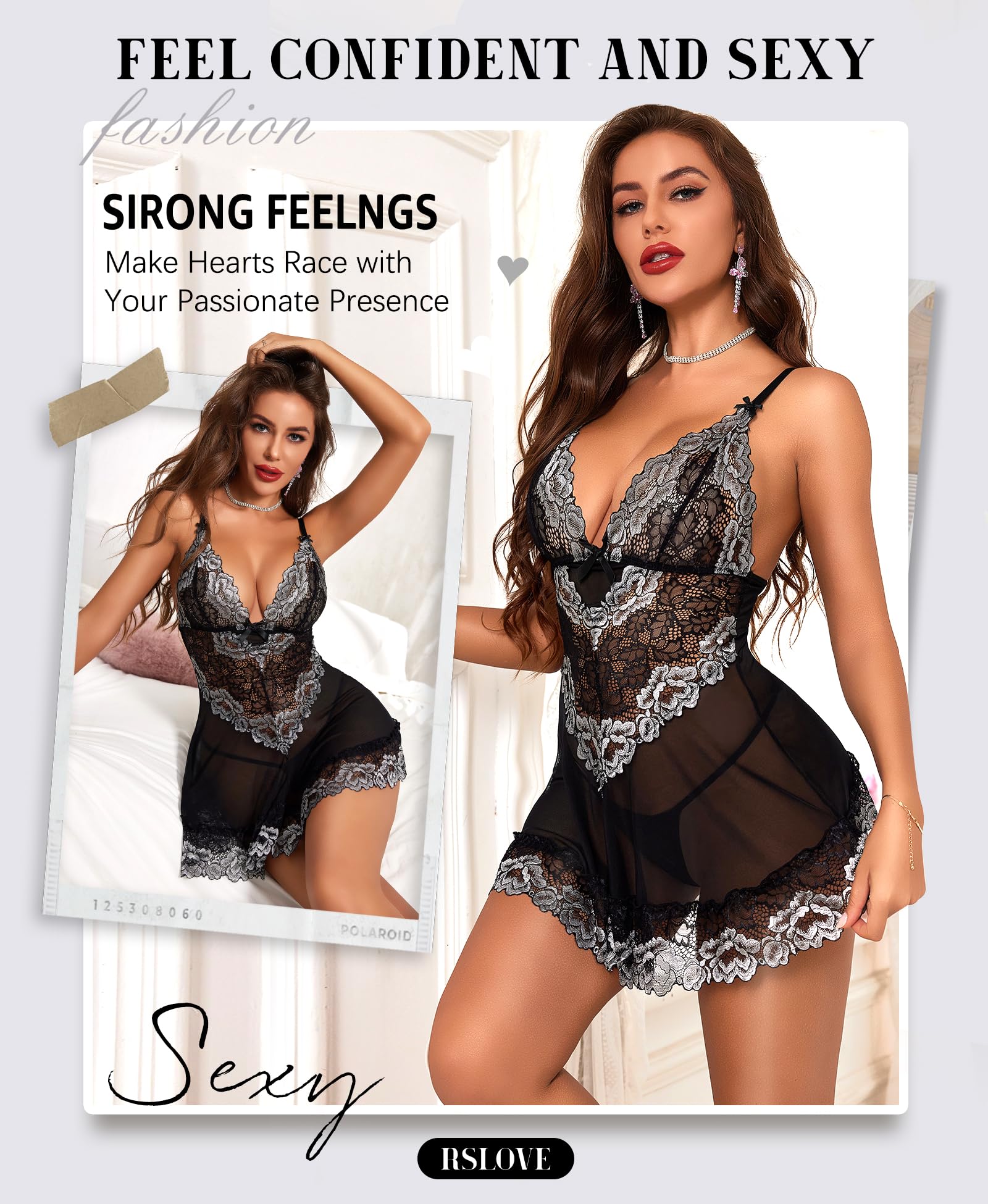 RSLOVE Lingerie per Donna Babydoll in Pizzo Camicia da Notte Sexy in Maglia Chemise con Scollo a V Abito da Notte