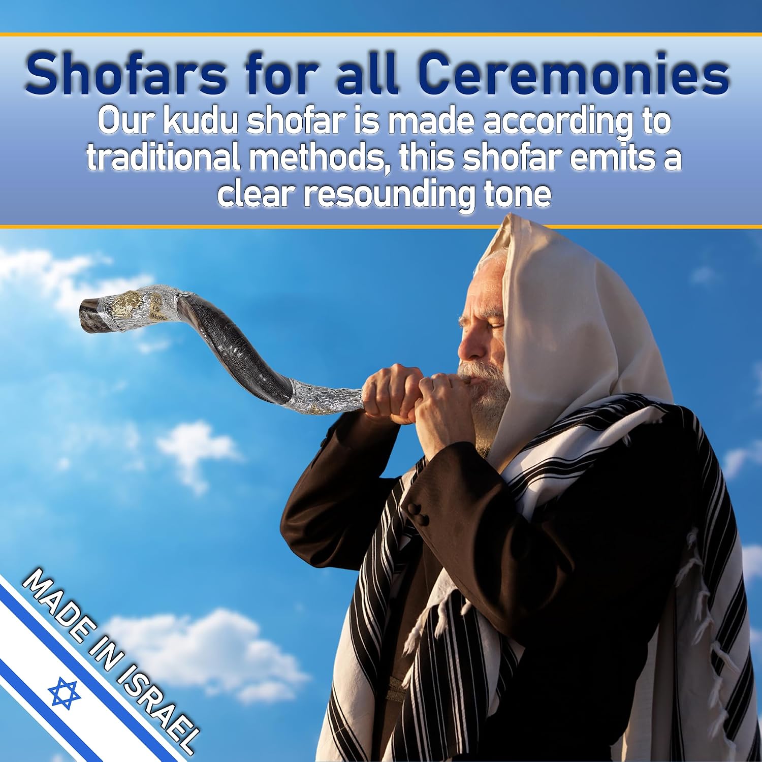 Shofarot Israel Deluxe Set from the Holy Land, Lion of Judah Kudu's Horn (26"-30"), Silver-Plated Yemenite Kudu Shofar + Free Bag