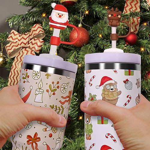 Miniatura 7 de Paquete de 5 fundas navideñas de silicona para pajillas, 02 tapas reutilizables portátiles para popotes, tapas de popote para vasos, protector de