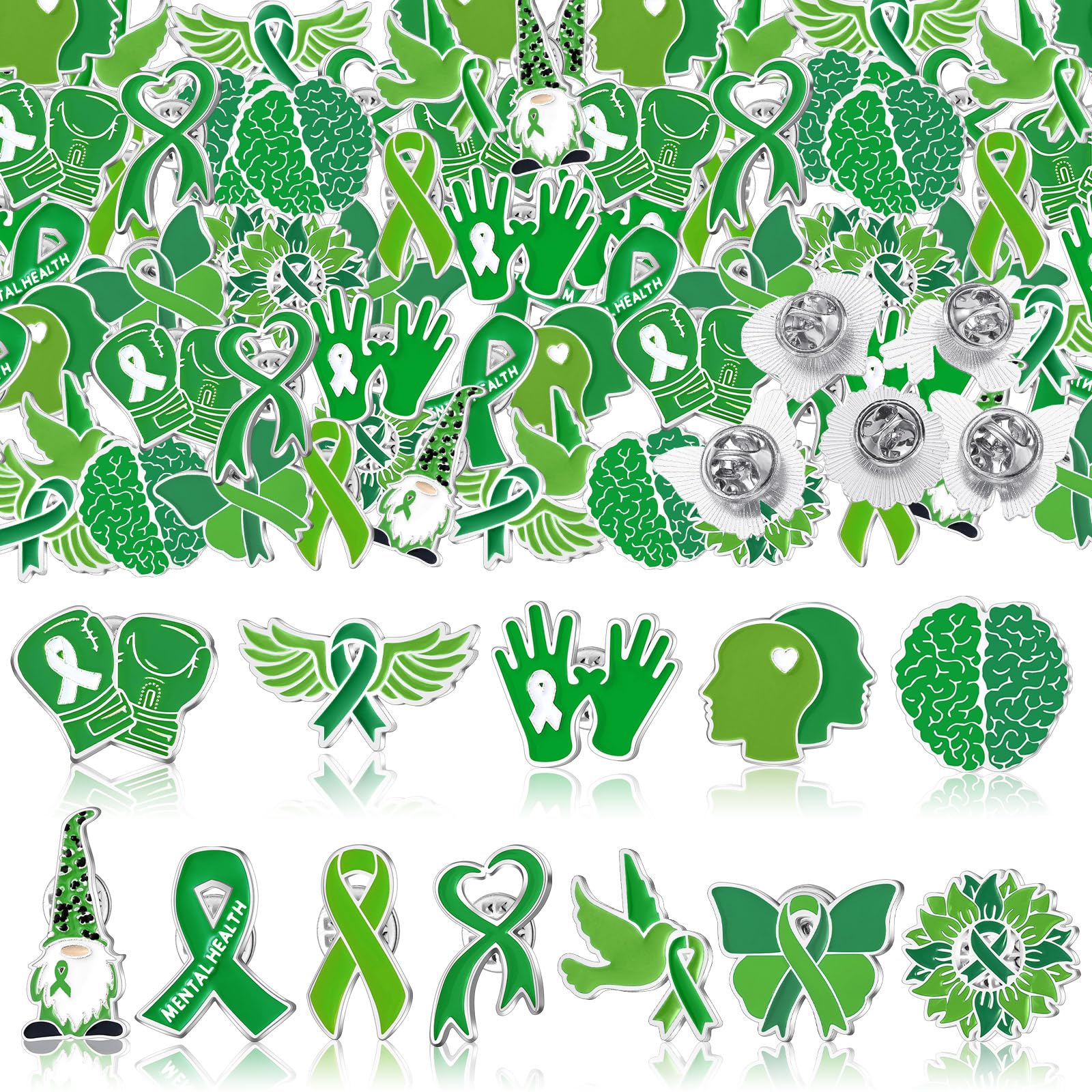 Landical 60 Pcs Mental Health Awareness Pins Bulk Green Mental Health Month Gifts for Women Men Clothing Bag Hat Decoration Green Mental Health Awareness