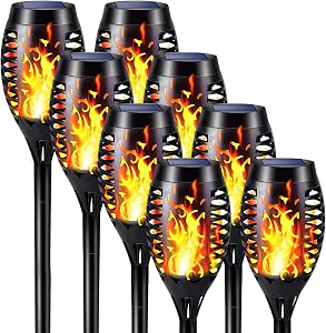 iBaycon 8 Pack Solar Torch Flame Lights Outdoor Landscape Pathway Lamp | Ultra-Real Flickering Flame Lamp Outdoor Waterproof, Solar Garden Lights for Yard Lawn Path Decorations, Warm White
