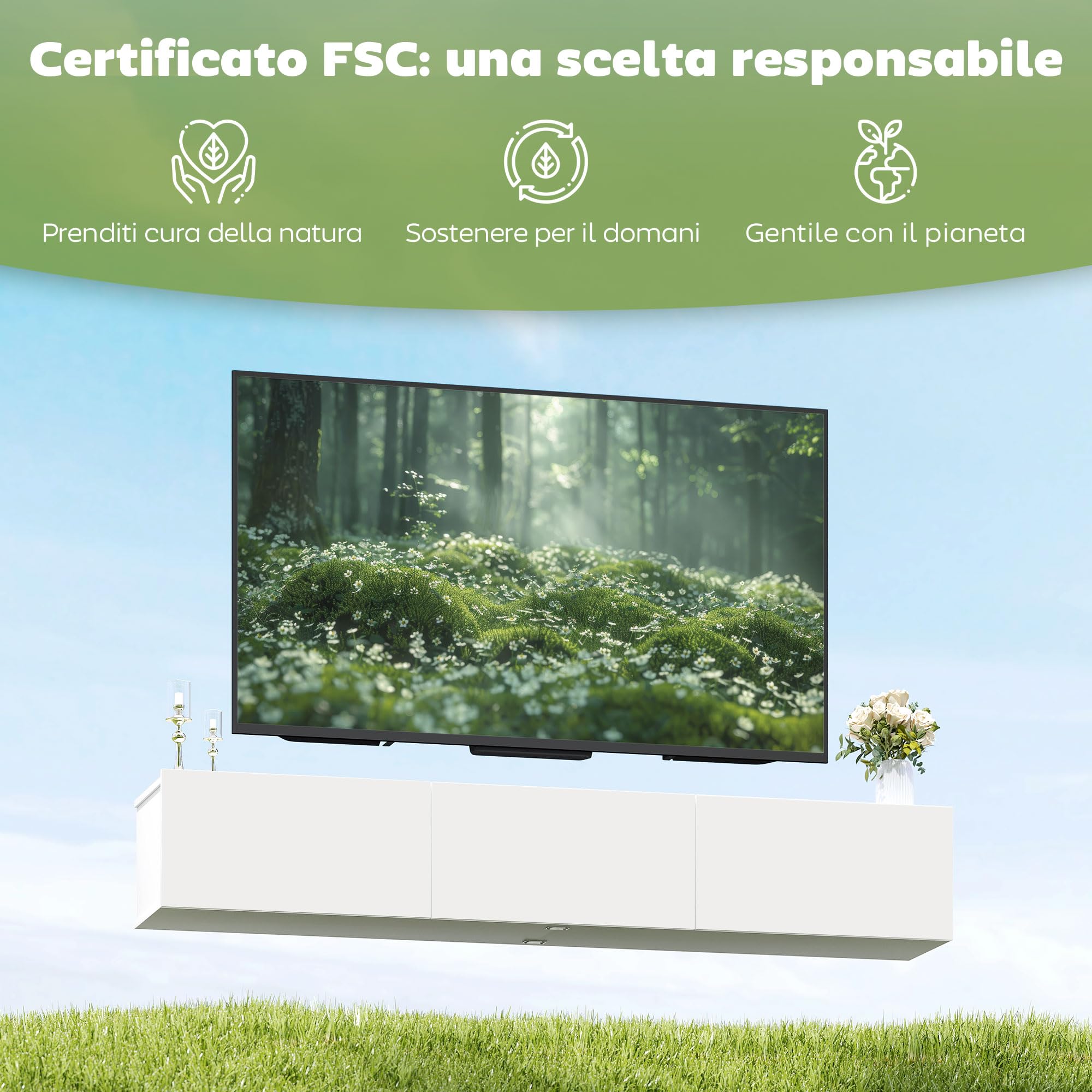 HOMCOM Mobile TV Sospeso, Mobile Porta TV Fino a 82" con Armadietti 3 Ante a Ribalta Soft Close, Mobiletto per Televisore per Soggiorno, Camera da Letto e Salotto, 180x31.5x29.8 cm, Bianco