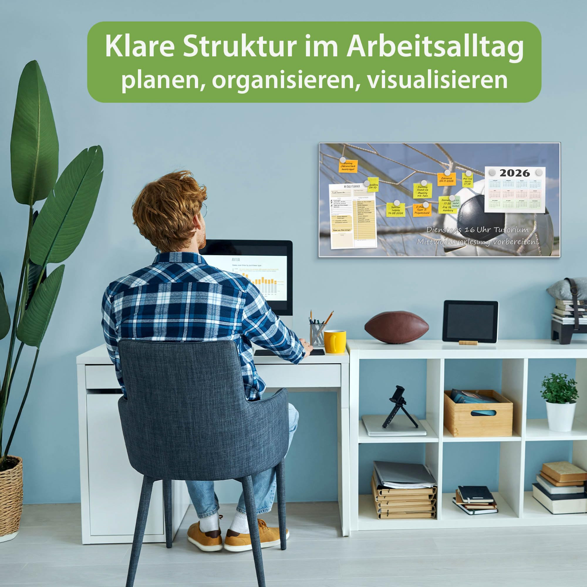 banjado Magnettafel Metall 78 x 37cm - beschreibbare Magnettafel - Metall Pinnwand als Memoboard - Magnetwand Küche, Büro, Kinderzimmer Weiß inkl. 4 Magnete & Montageset - Motiv Fußball