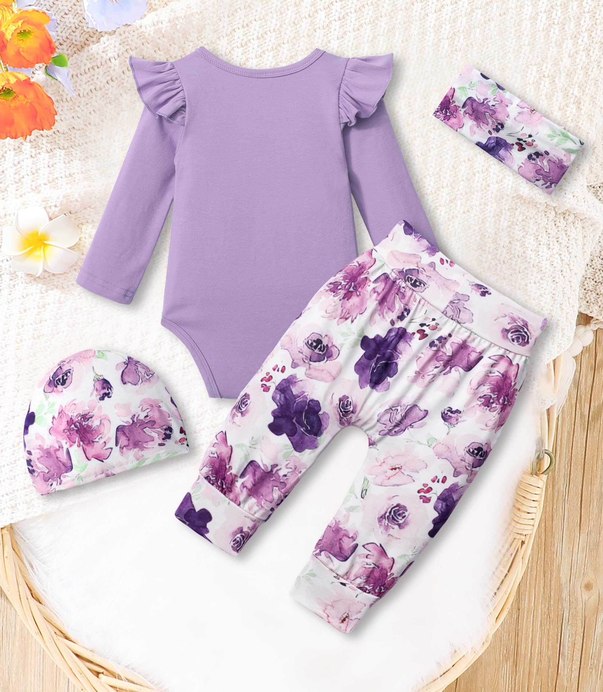 Conjunto de ropa para bebé recién nacido, camiseta de manga larga con volantes blancos, pantalones + diadema + gorro, 4 piezas, 0 – 6 meses