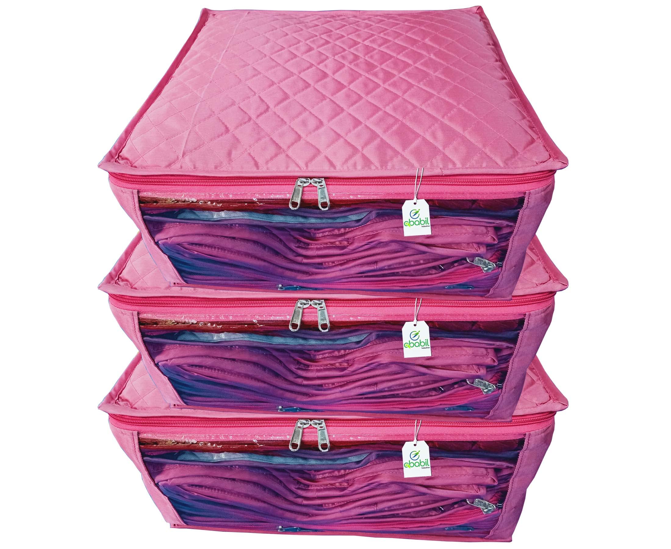 Ababil Industries Extra Large Satin Saree Cover/ Garments Cover/ Wardrobe Organiser/ Clothes Storage Bag With Zip Combo Offer Pack of 3 Pink