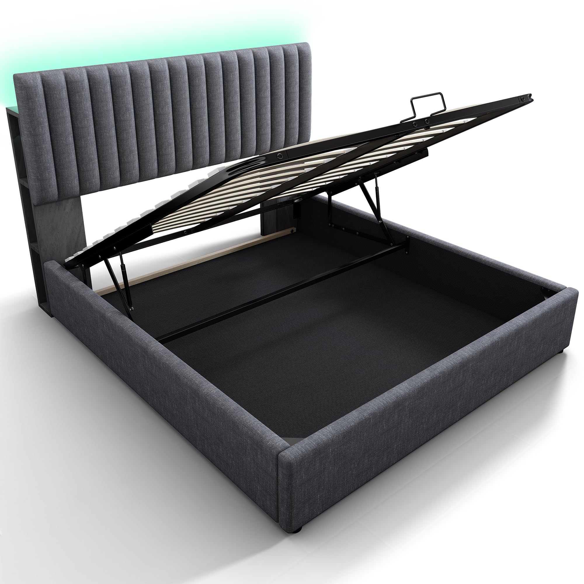Letto imbottito idraulico con ricarica USB Tipo C e controllo tramite app LED bed matrimoniale testiera regolabile con vano portaoggetti letti contenitore ospiti grigio con materasso 140x200 cm