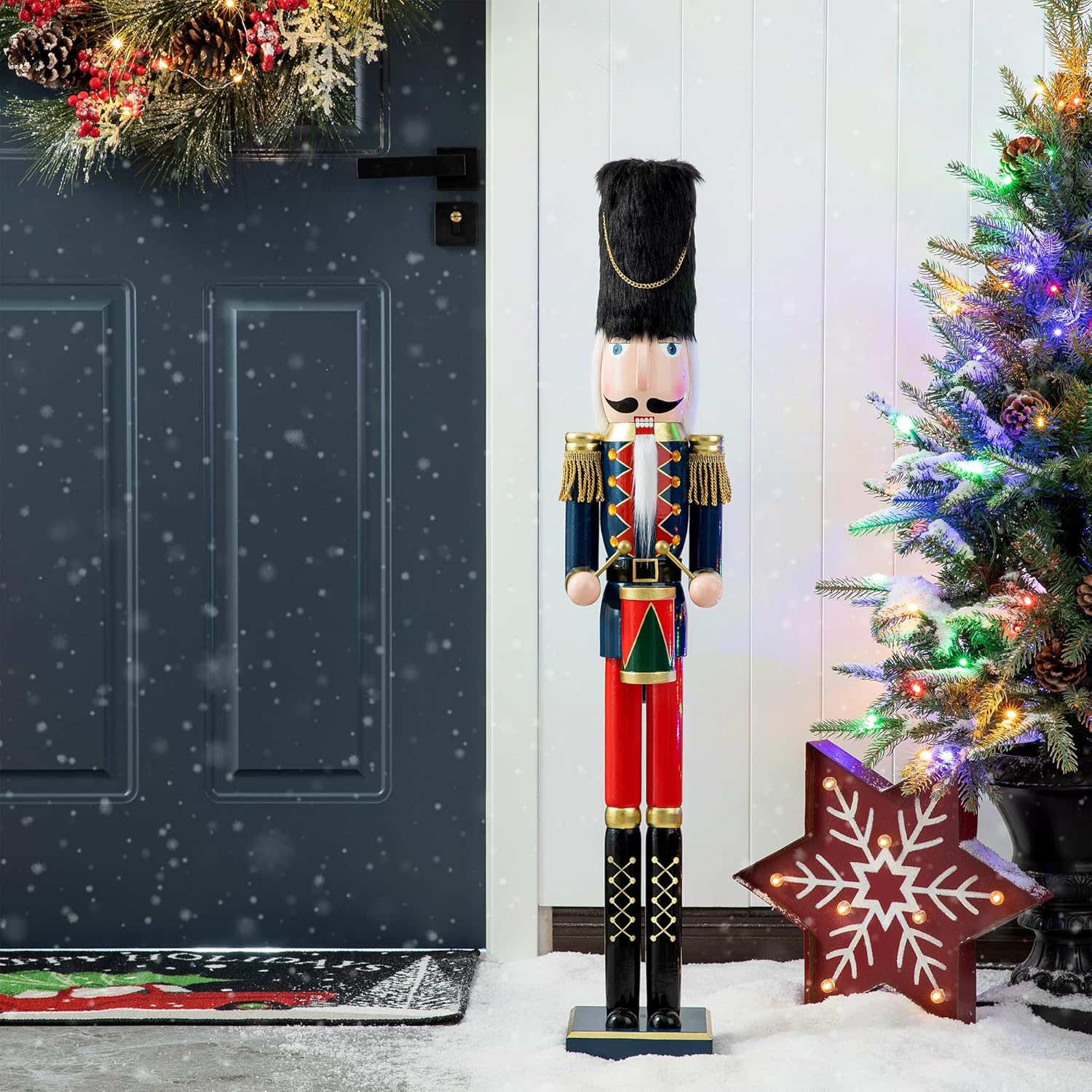 eUty 36" H Wooden Christmas Drummer Nutcracker Novelty Large Size Xmas Welcome Nutcracker Drummer with Felt Top Hat Porch Figurine Decor- Indoor & Outdoor