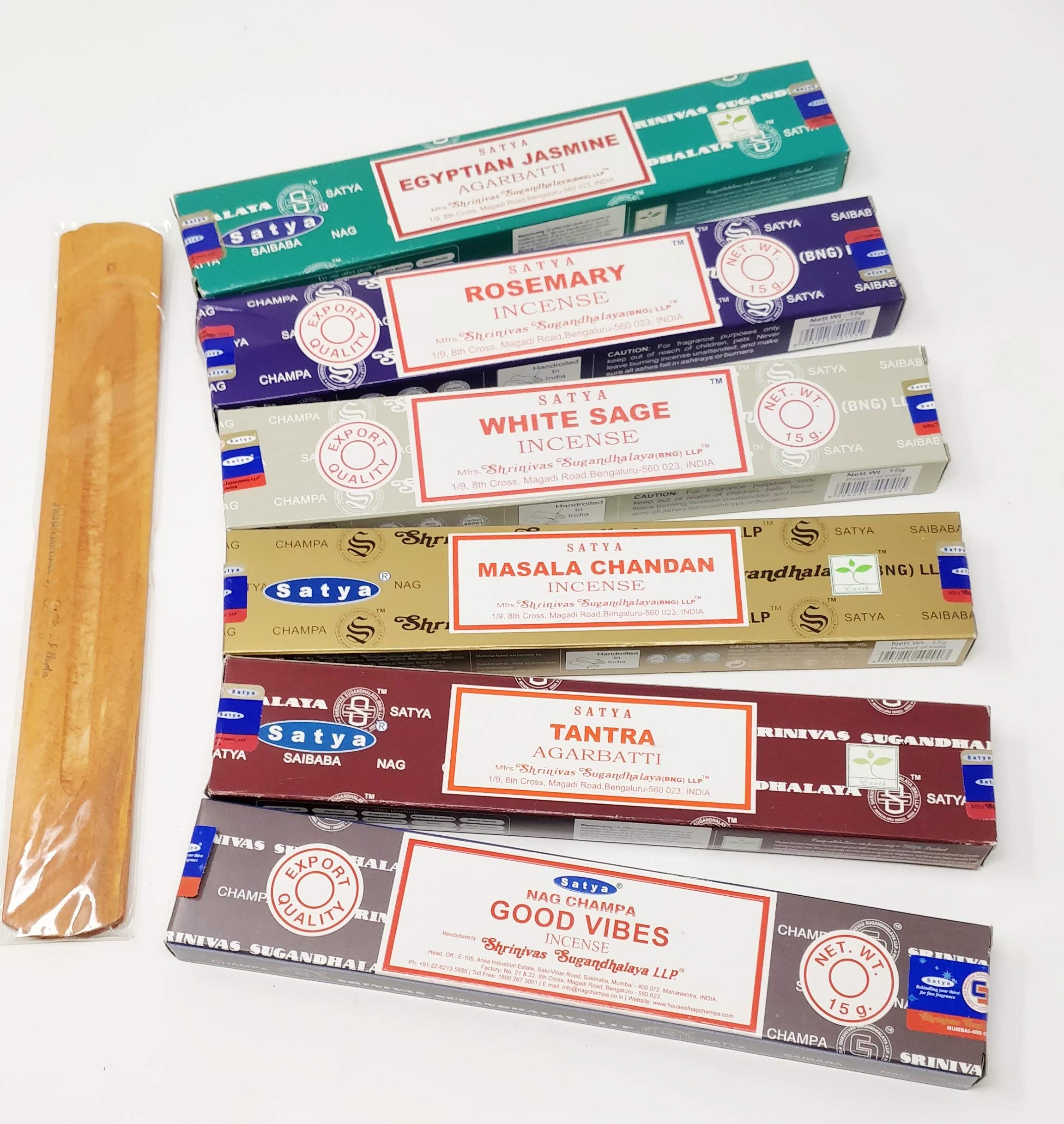 Satya Incense Sticks Mix Deal- Rosemary, Good Vibes, Tantra, White Sage, Masala Chandan, Egyptian Jasmine with JR Incense Holder SN5