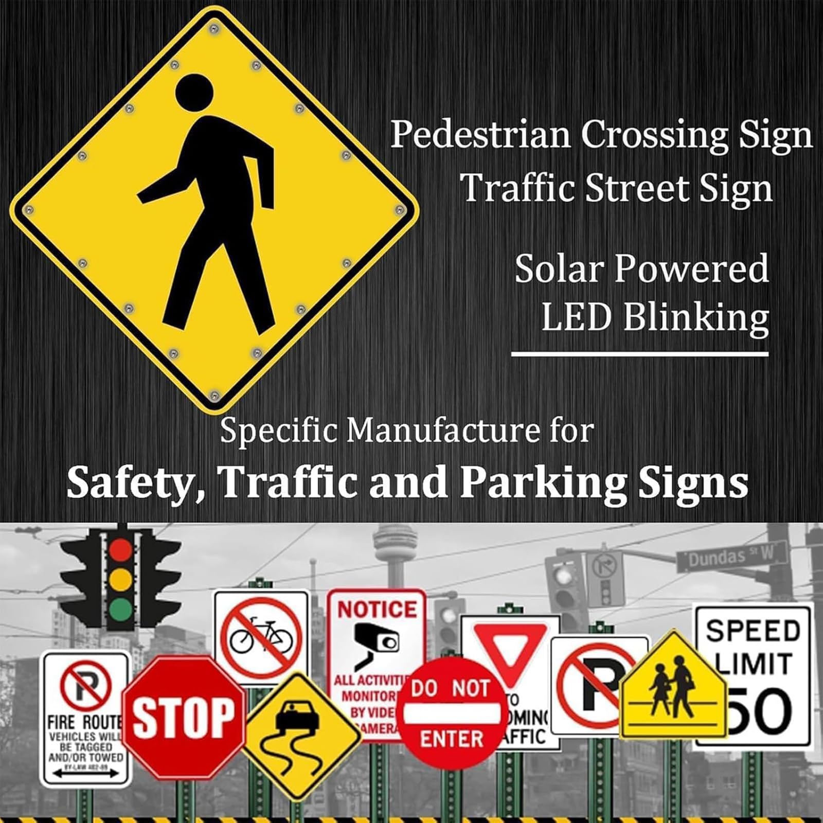 Señal solar LED intermitente de cruce peatonal, advertencia de tráfico de alta visibilidad, letrero de metal reflectante de aluminio para cruces peatonales, impermeable IP65