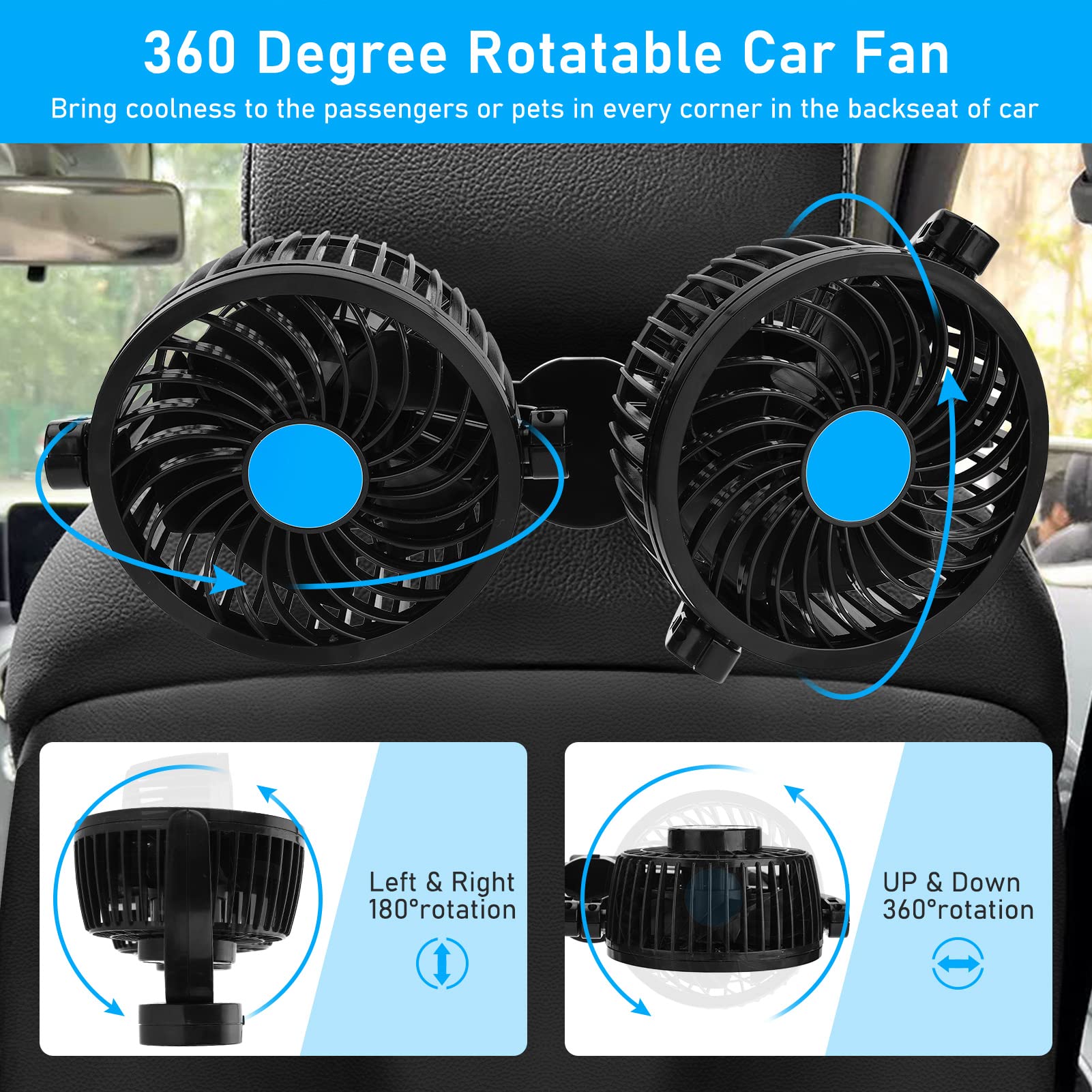 Ventilatore Auto 12V Ventola di Raffreddamento per Auto Ventola per Sedile Posteriore Elettrico a Doppia Testa da 4" Ventilatore per Seggiolino Auto, 12 Velocità, Girevole a 360°,Cavo da 2,3m