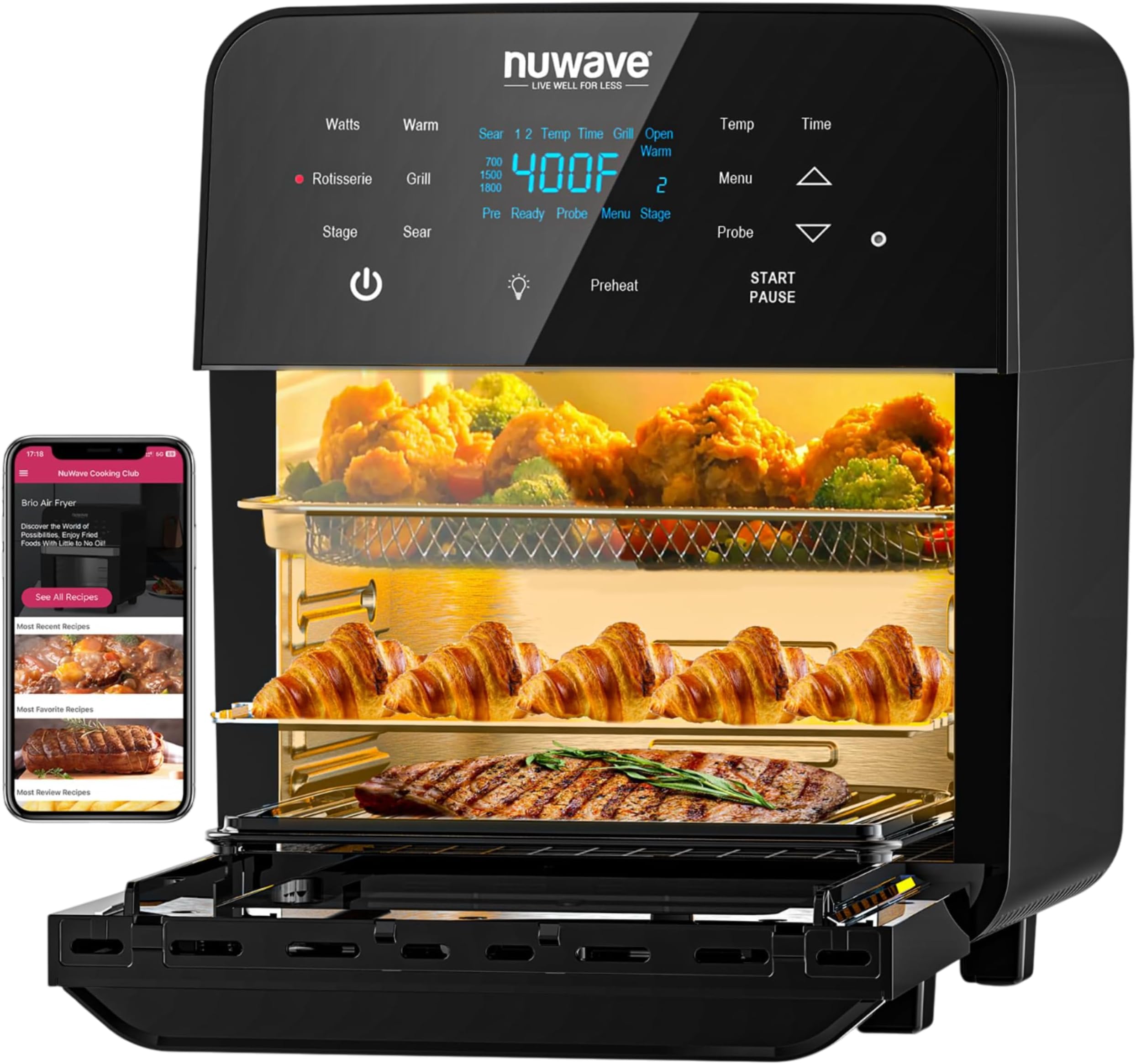 Brio 15.5Qt Air Fryer Rotisserie Oven, X-Large Family Size, Powerful 1800W, 4 Rack Positions, 50°-425°F Temp Controls, 100 Presets & 50 Memory, Integrated Smart Thermometer, Linear T Technology
