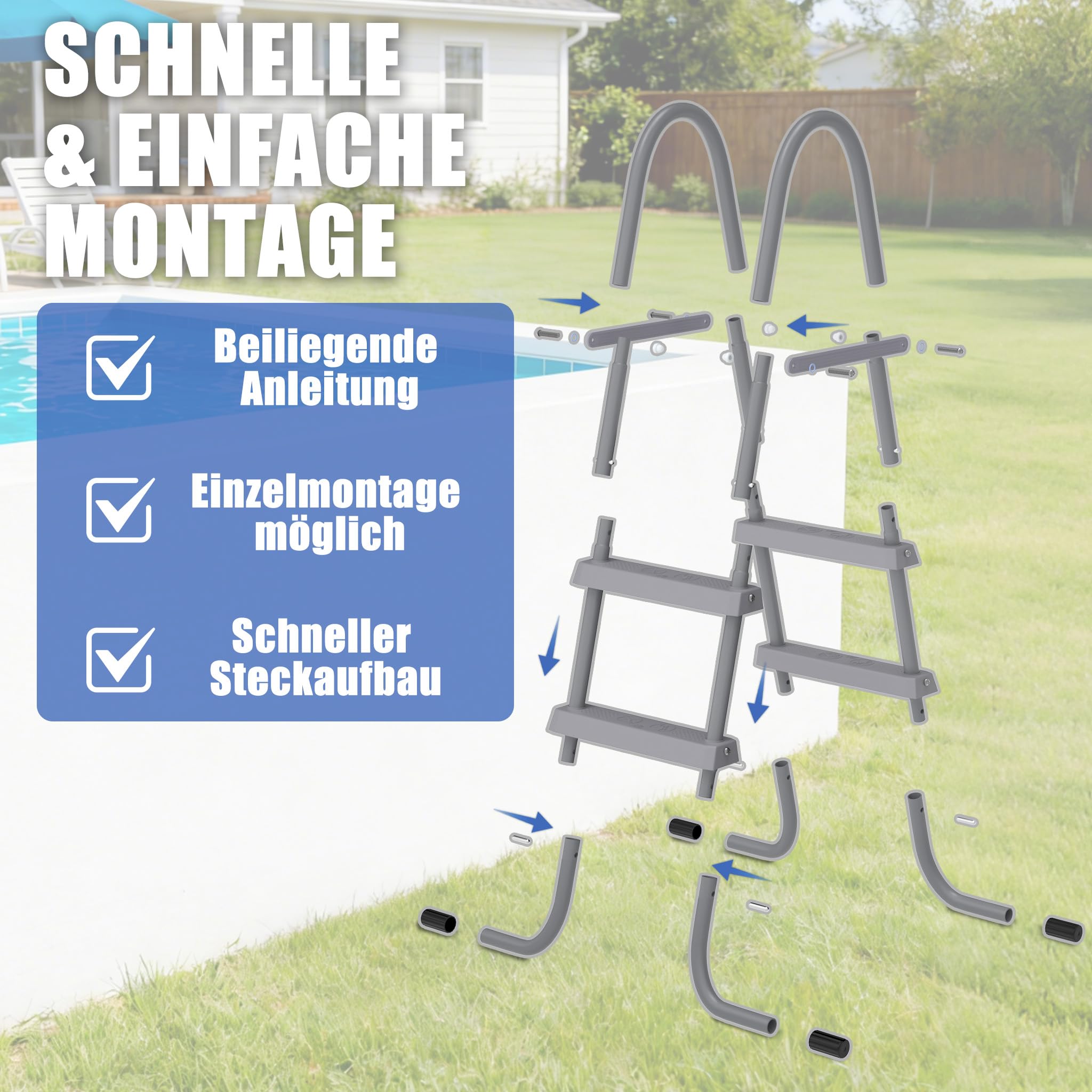 Échelle de piscine pliable en fer 2 marches antidérapante résistant aux intempéries 130 kg pour piscines hors-sol 80 cm