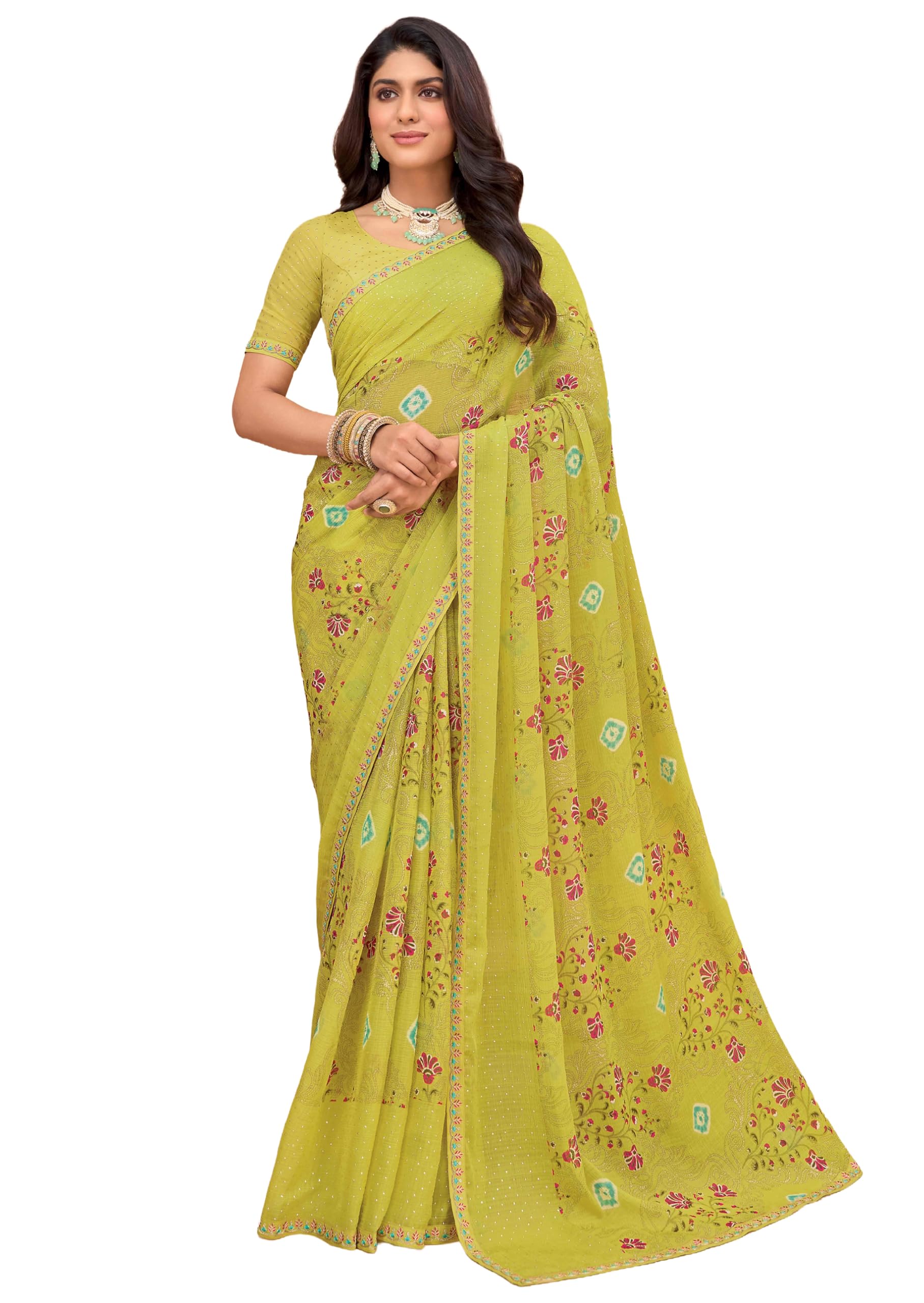 Laxmipati Tohfa Floral Printed Chiffon Saree in Lime Yellow Color_N-3007-image-12