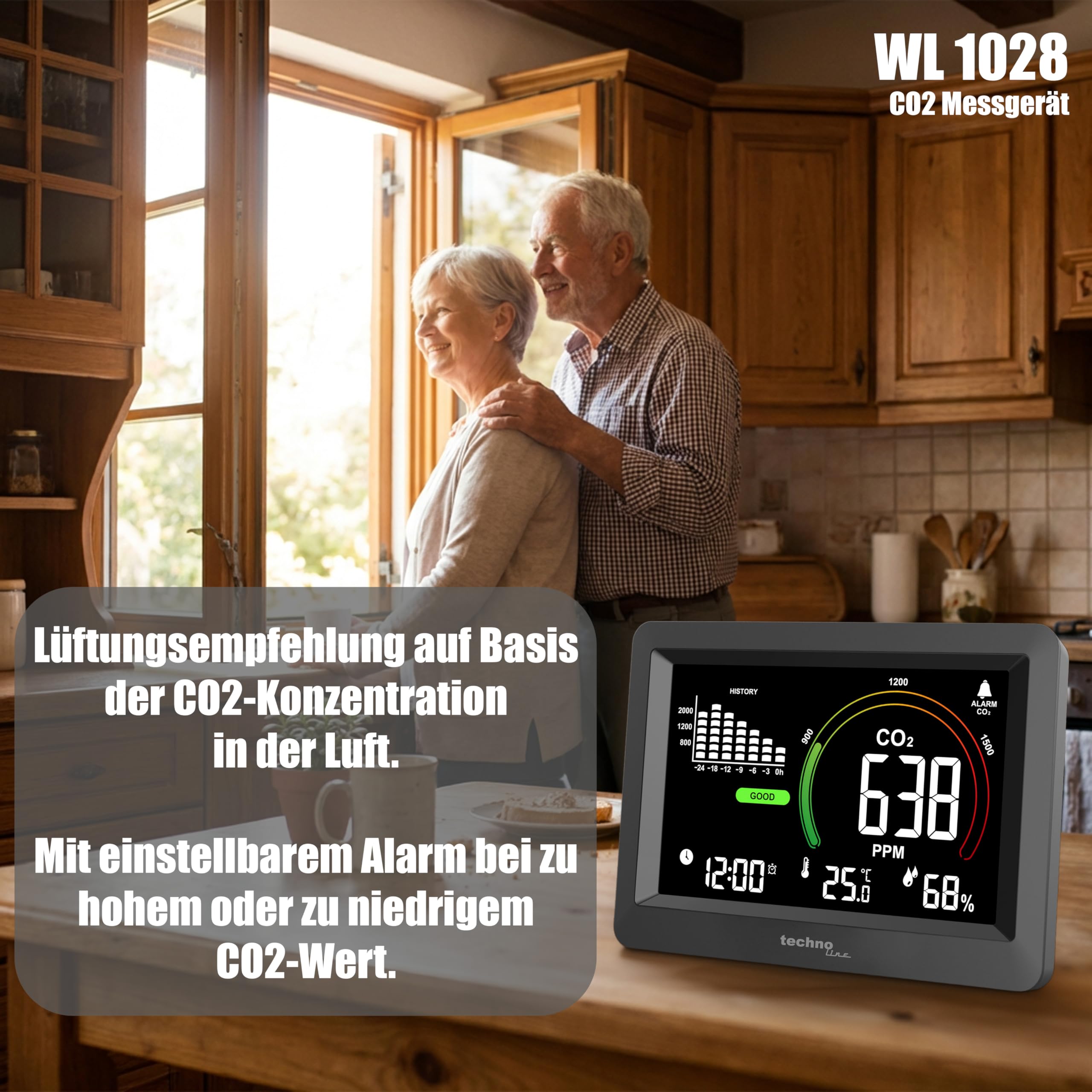 Technoline WL1028 Cuchillo Co2, monitoreo de Calidad del Aire Interior, recomendación de ventilación basada en la concentración de CO2 en el Aire, Alarma Ajustable, historial de CO2, para escuelas