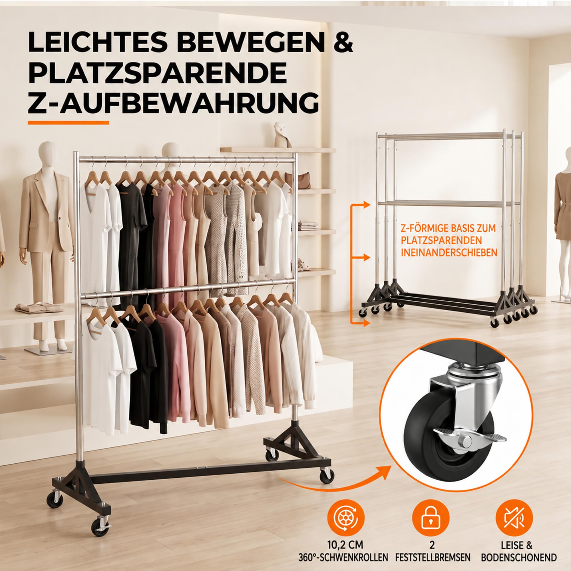 Kleiderständer, stabil, Kleiderstange mit Rollen, Z-Ständer, Schwerlast Kleiderständer, 3-stufig verstellbare Höhe, bis 270 kg belastbar, mit 2 Kleiderstangen, 218 * 61,5 * 158 cm, silber