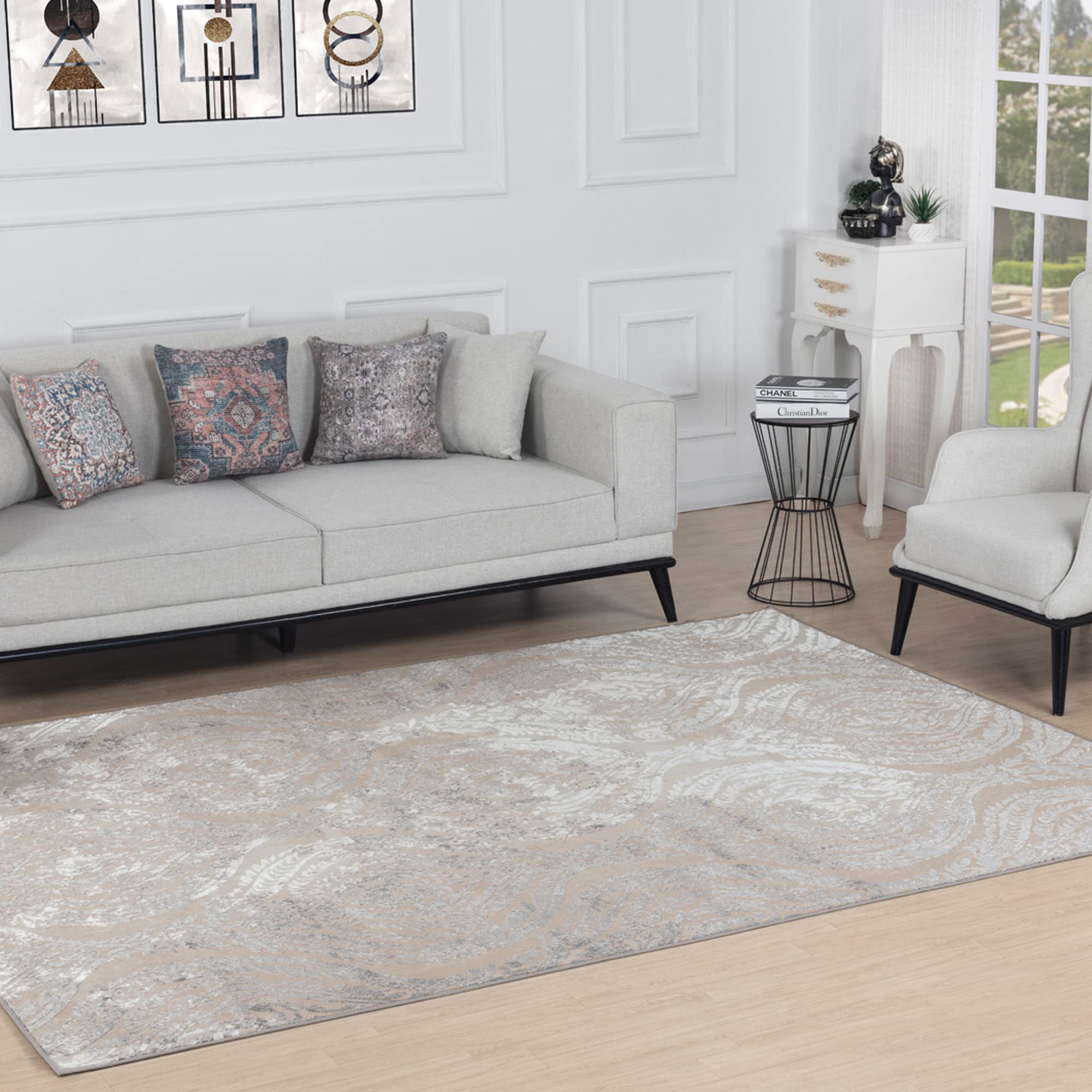Livabliss Ingrid Meknes Vintage Carpet 160x213 cm – Living Room & Bedroom, Scandi Neutral Traditional Design, Easy Care Pile, Beige & White