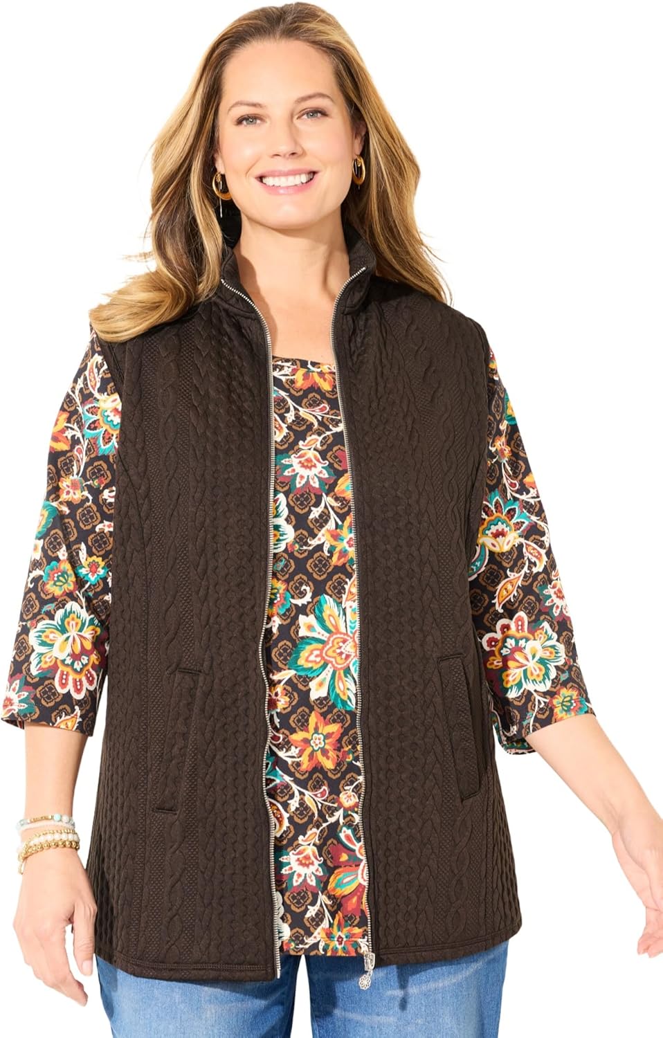 Women's Plus Size Zip-Front Cable Vest