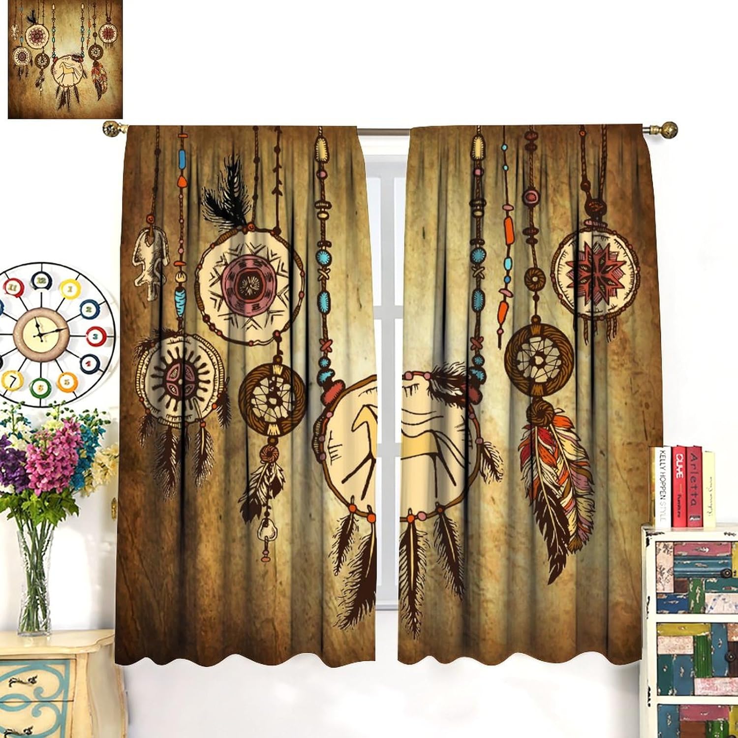 Vintage Tribe Curtains,Retro Dreamcatcher Native American Indian Ethnic Feathers Curtains for Bedroom Living Room Kitchen Bar Rod Pocket Drapes 2 Panels Set Total Size 42 x 45 Inch - Image 3